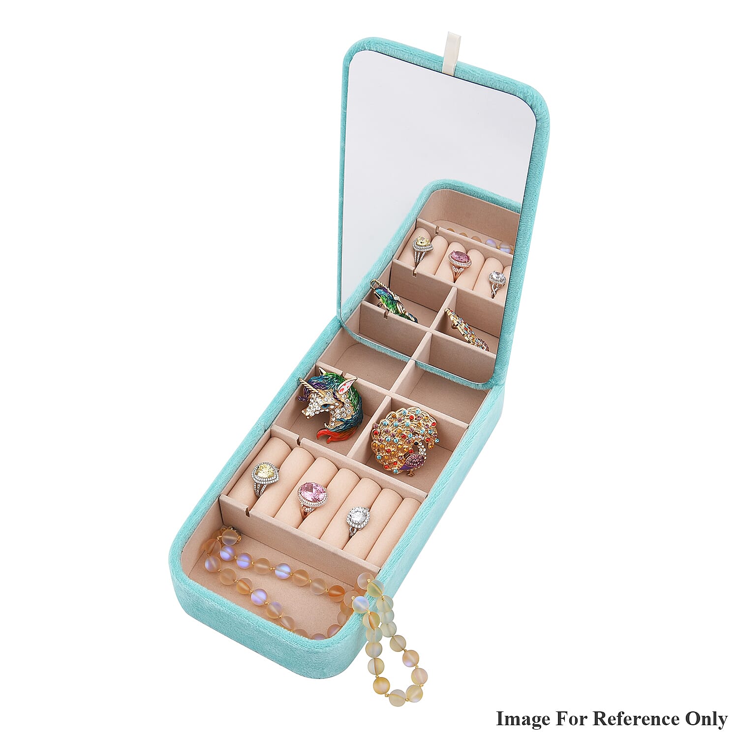 Portable Velvet Jewellery Box with Inside Mirror and Anti Tarnish Lining - Aquamarine Colour