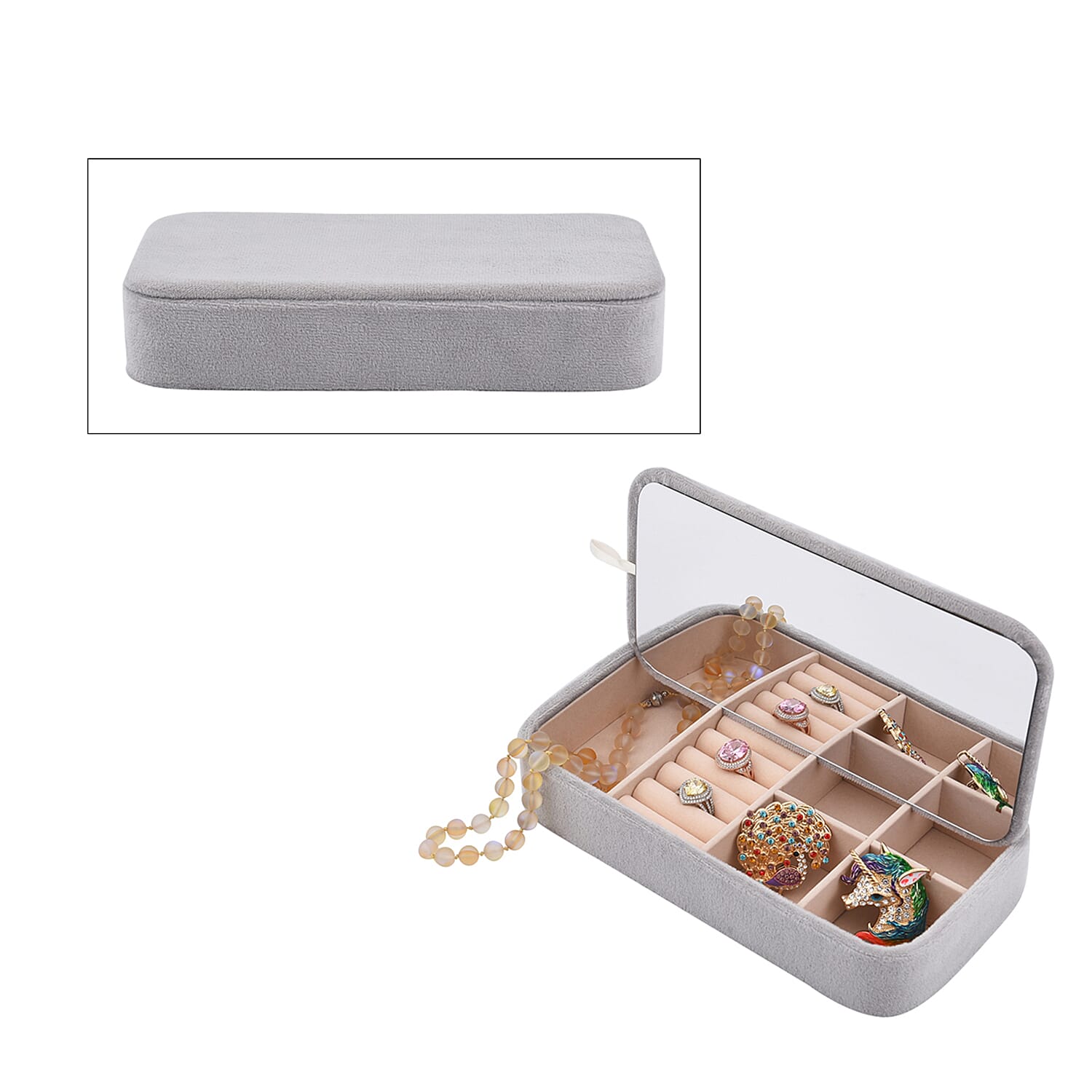 Portable Velvet Jewellery Box with Inside Mirror and Anti Tarnish Lining (Size 25x12x5 Cm) - Grey Colour