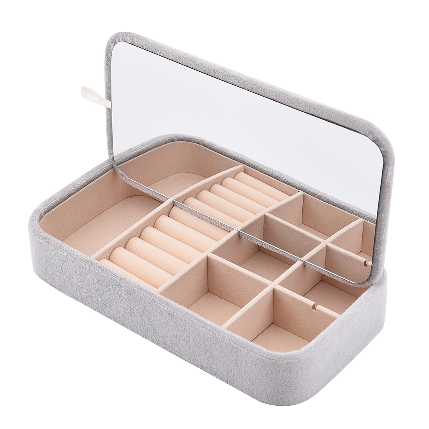 Portable Velvet Jewellery Box with Inside Mirror and Anti Tarnish Lining (Size 25x12x5 Cm) - Grey Colour