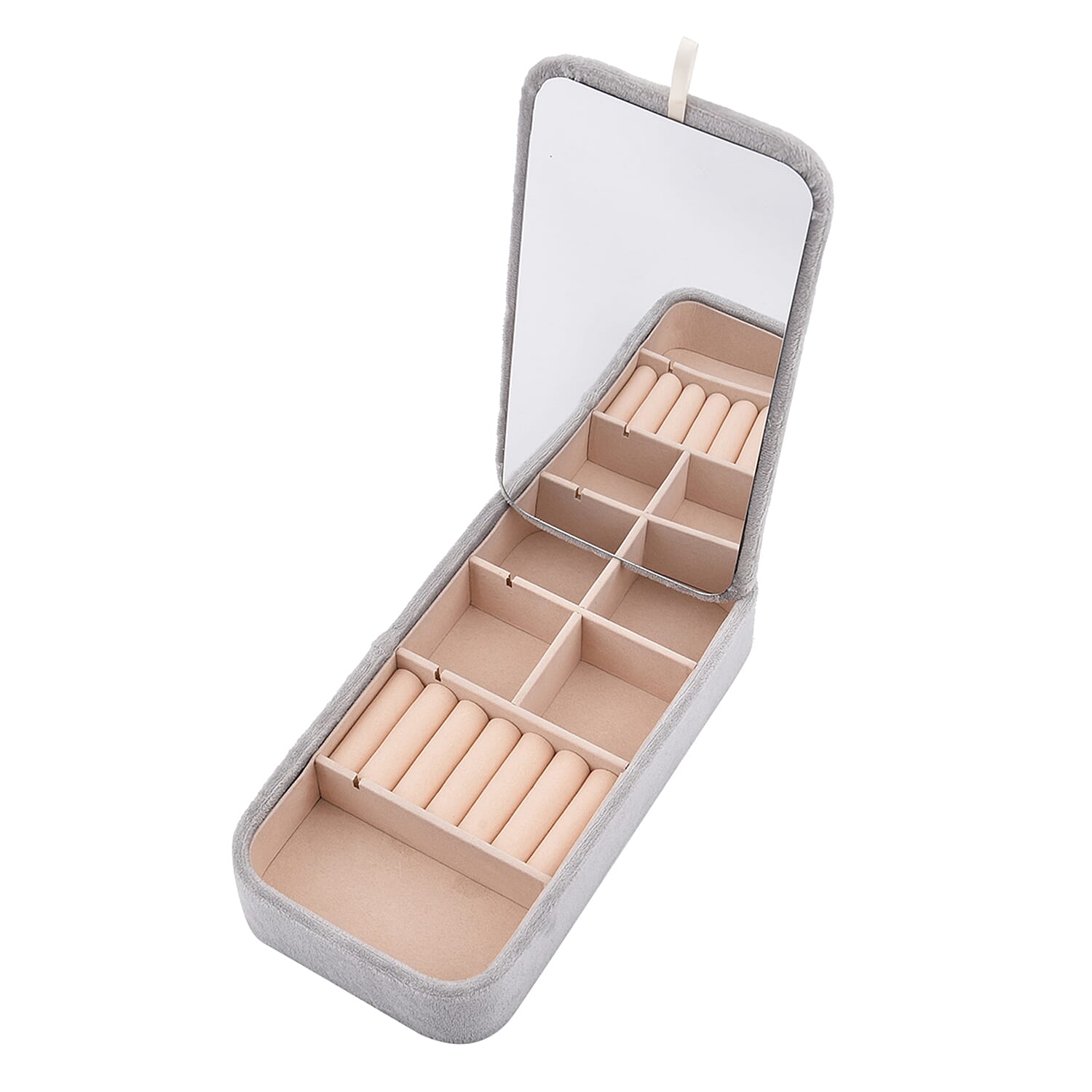 Portable Velvet Jewellery Box with Inside Mirror and Anti Tarnish Lining (Size 25x12x5 Cm) - Grey Colour