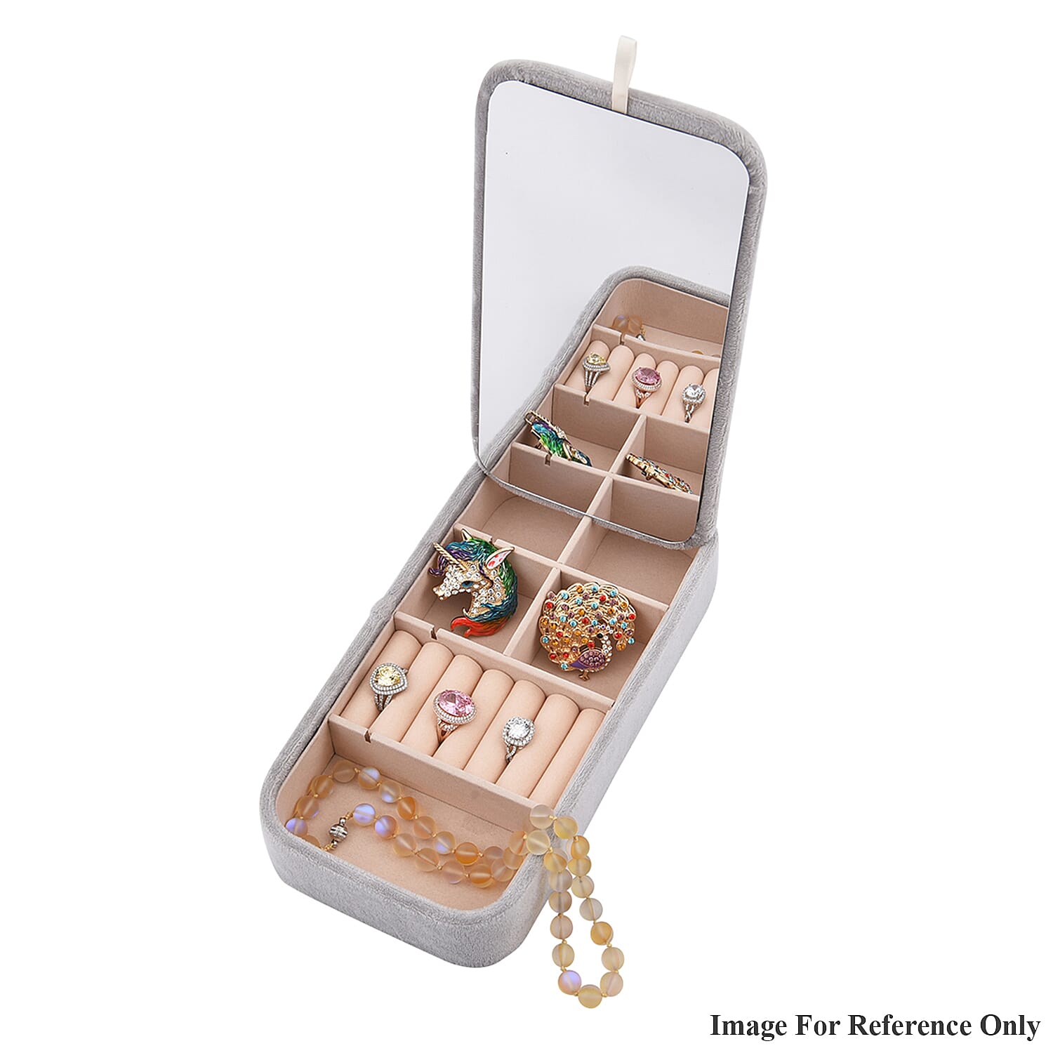 Portable Velvet Jewellery Box with Inside Mirror and Anti Tarnish Lining (Size 25x12x5 Cm) - Grey Colour