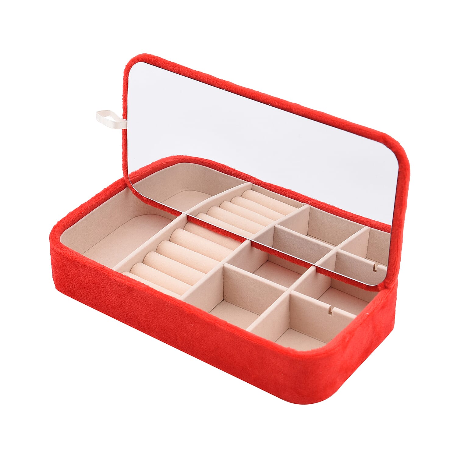 Portable Velvet Jewellery Box with Inside Mirror and Anti Tarnish Lining (Size 25x12x5 Cm) - Red Colour