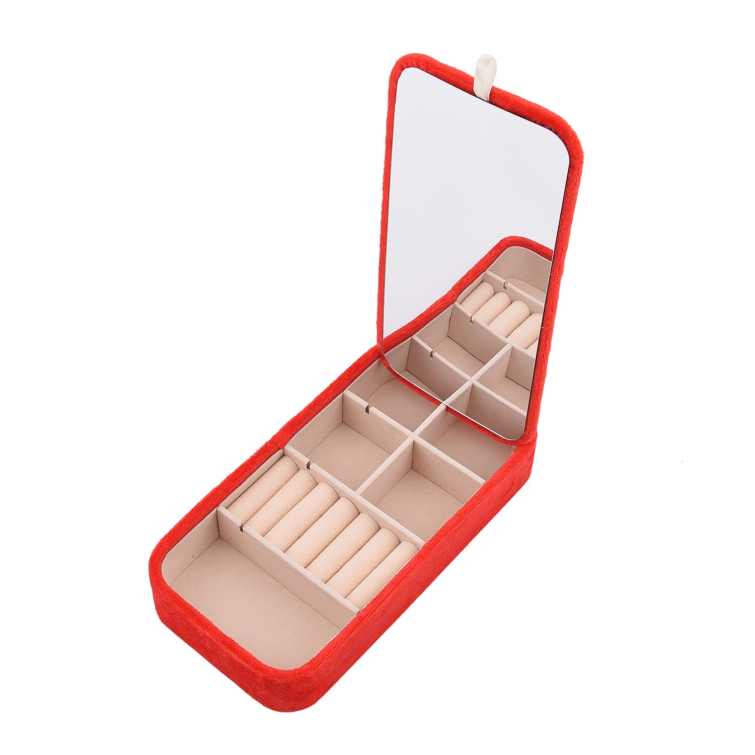 Portable Velvet Jewellery Box with Inside Mirror and Anti Tarnish Lining (Size 25x12x5 Cm) - Red Colour