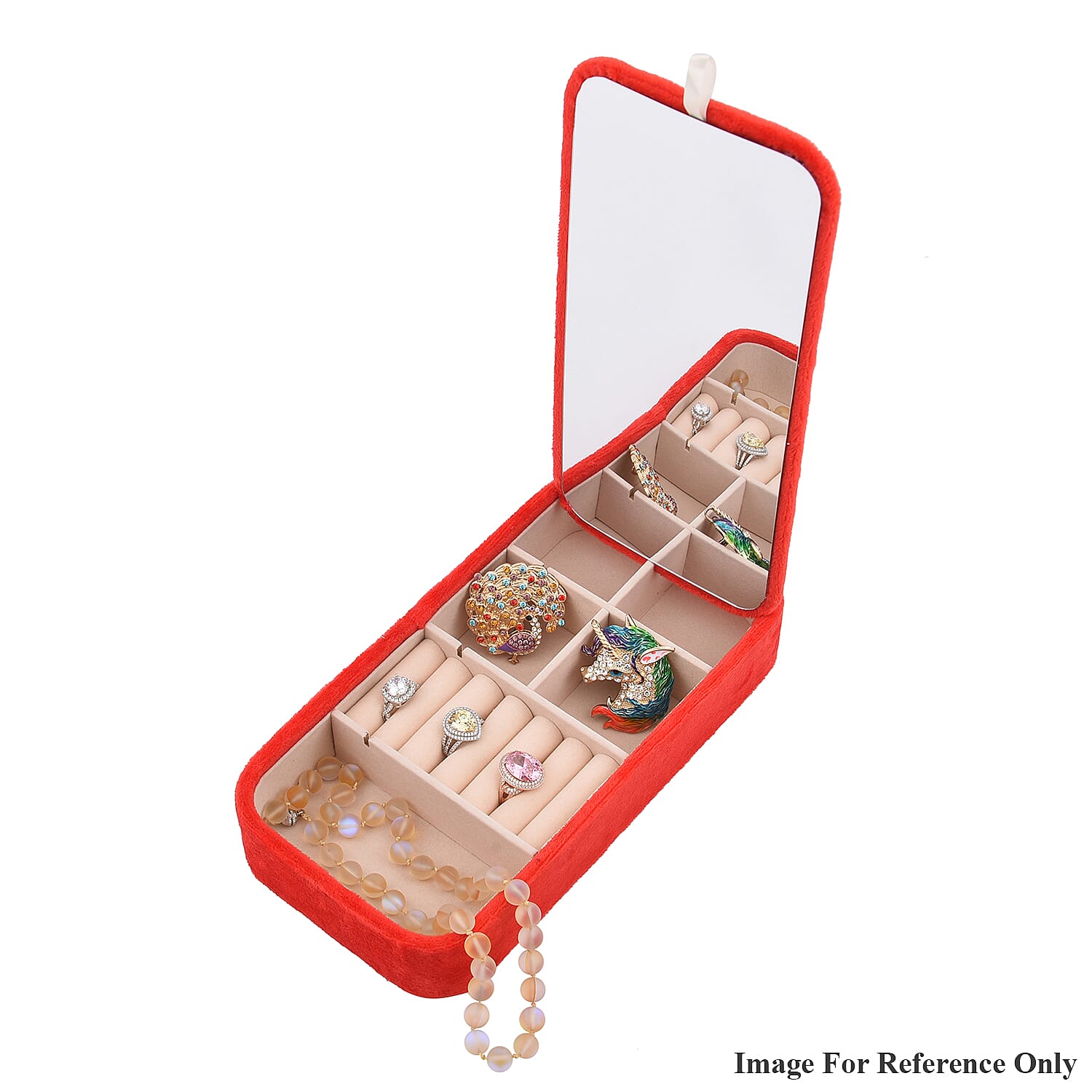 Portable Velvet Jewellery Box with Inside Mirror and Anti Tarnish Lining (Size 25x12x5 Cm) - Red Colour