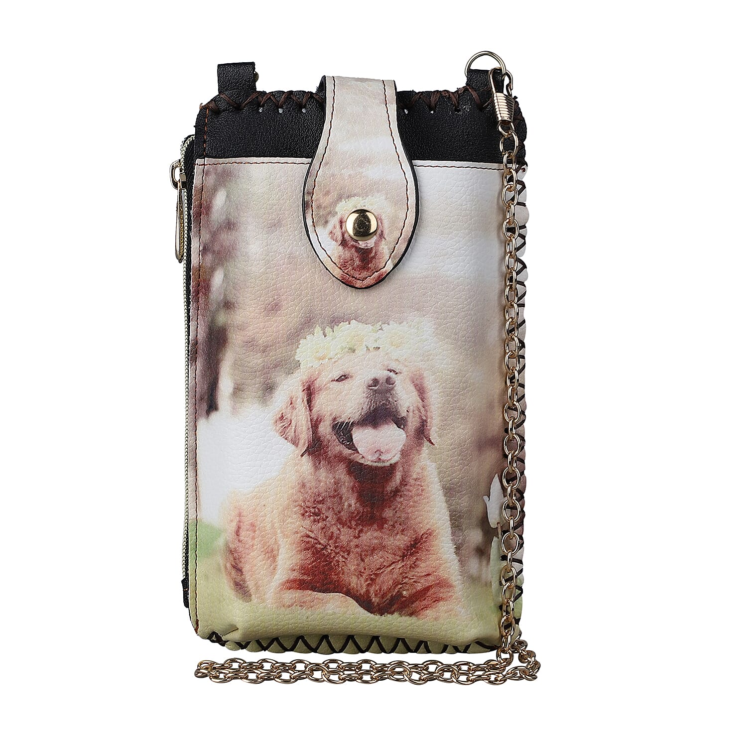 Stylish Dog Pattern Cell Phone Bag with Chain Shoulder Strap (Size 18x10cm) - Beige