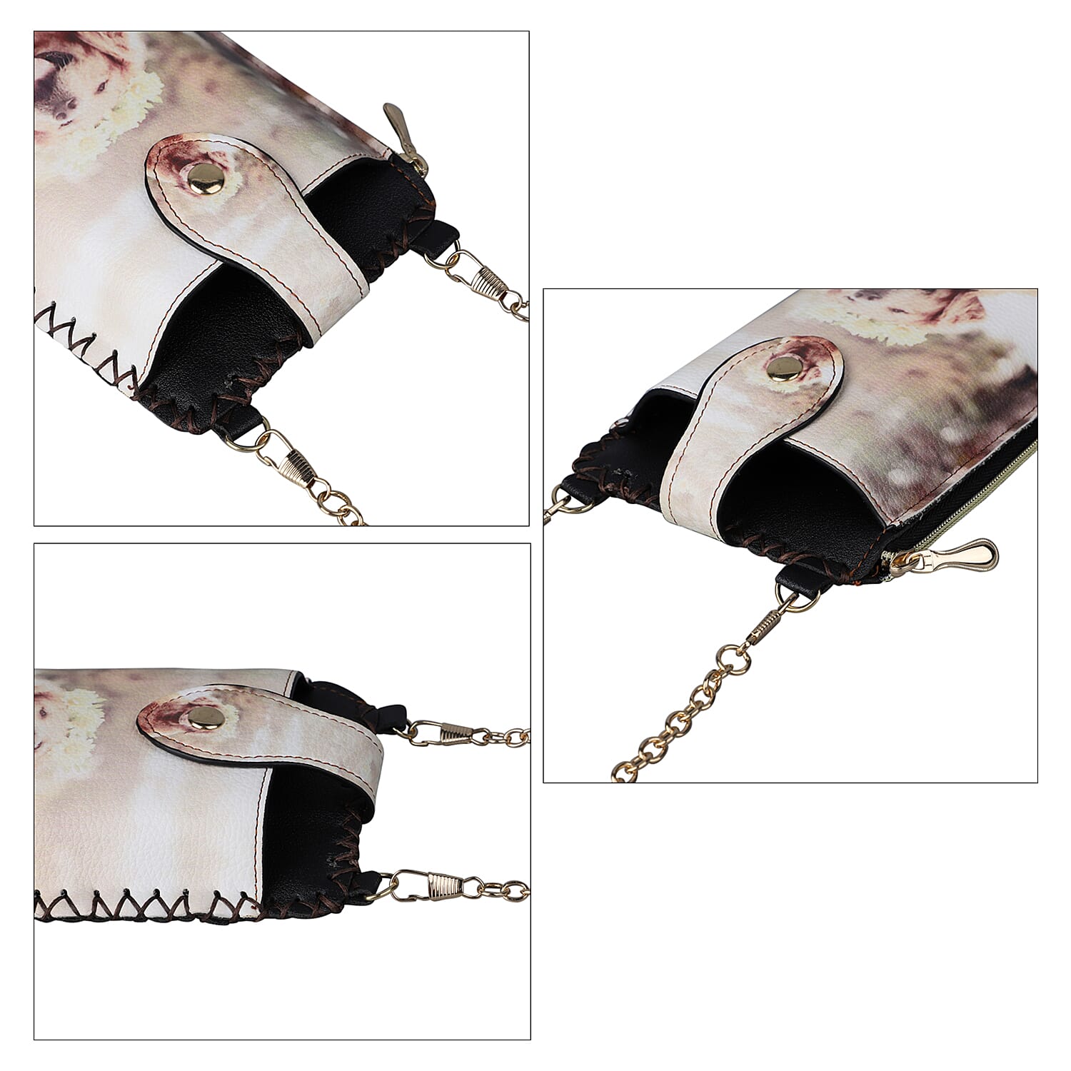 Stylish Dog Pattern Cell Phone Bag with Chain Shoulder Strap (Size 18x10cm) - Beige