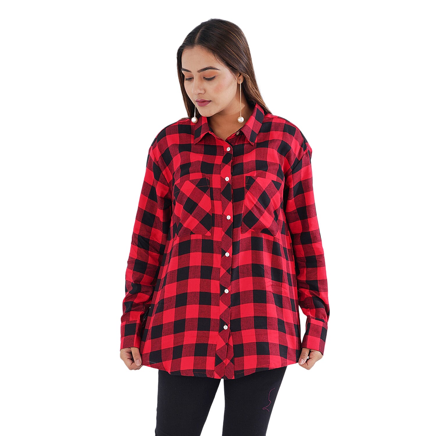 TAMSY 100% Viscose Check Shirt (Size L) - Red