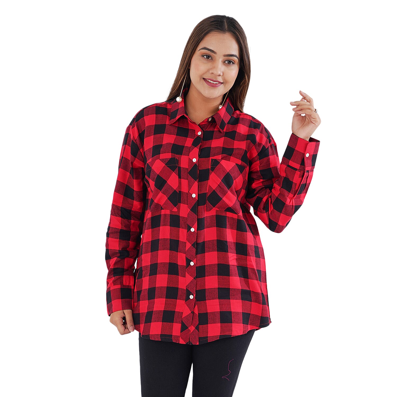 TAMSY 100% Viscose Check Shirt (Size L) - Red