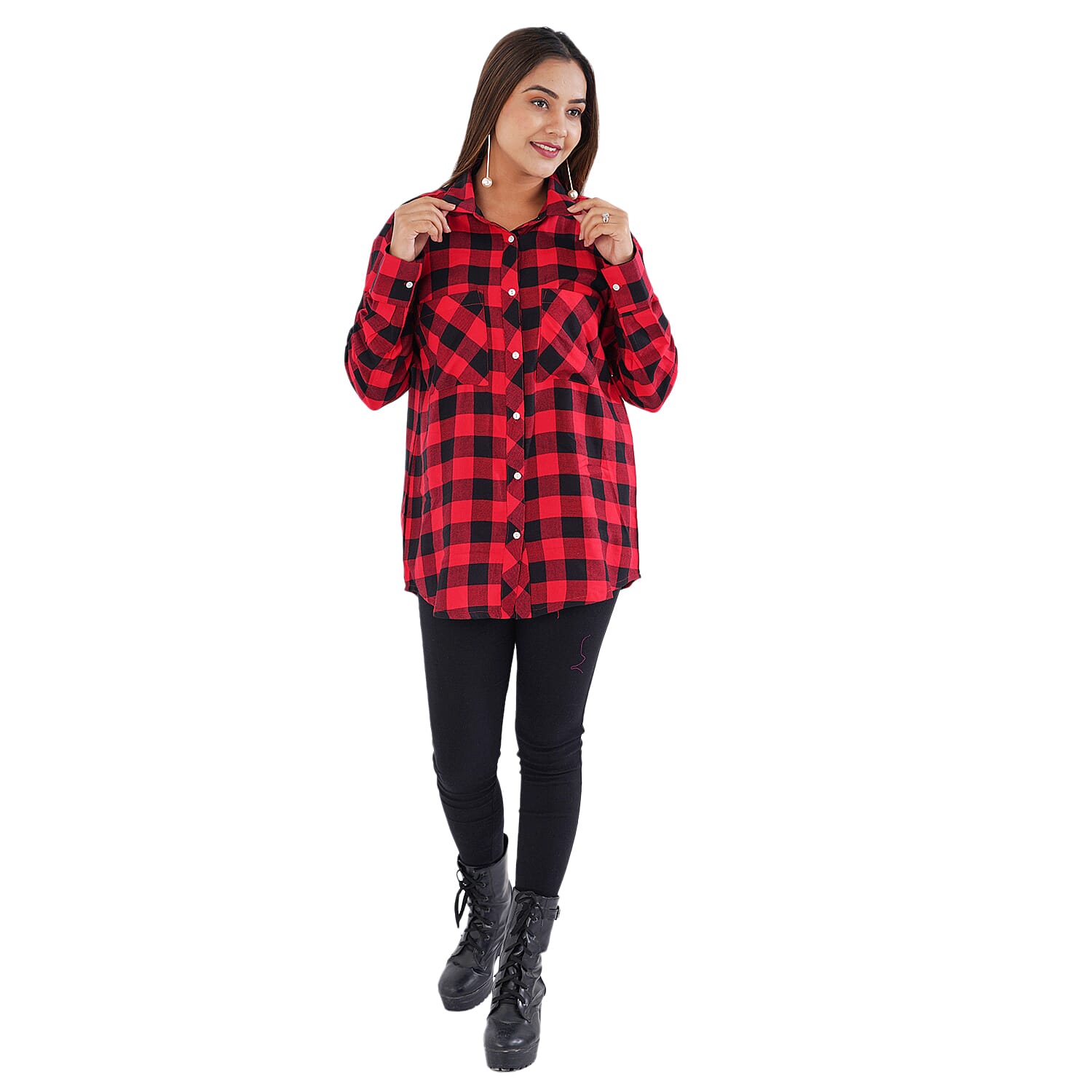 TAMSY 100% Viscose Check Shirt (Size L) - Red