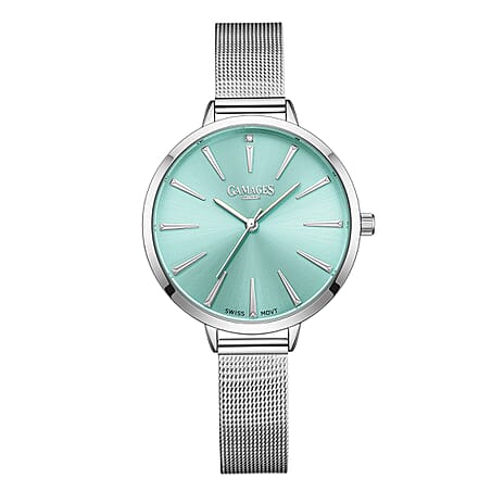 Gamages Of London Spectacle Swiss Quartz Diamond Set Ladies Watch in Silver Blue
