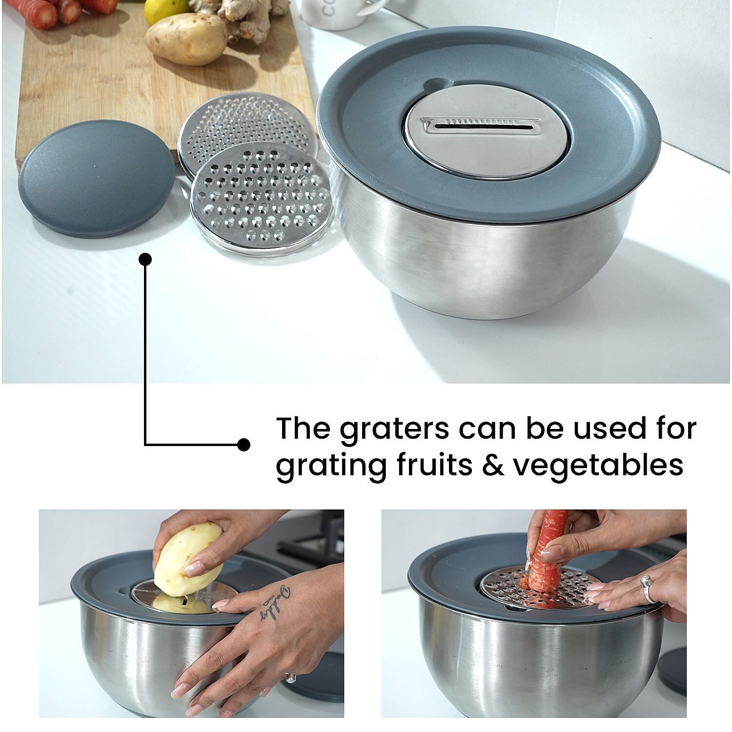 Splash Bowl with Antiskid Base with 3 Graters (Size 20x16 cm) - Silver Splash Bowl with Antiskid Base with 3 Graters (Size 20x16 cm) - Silver