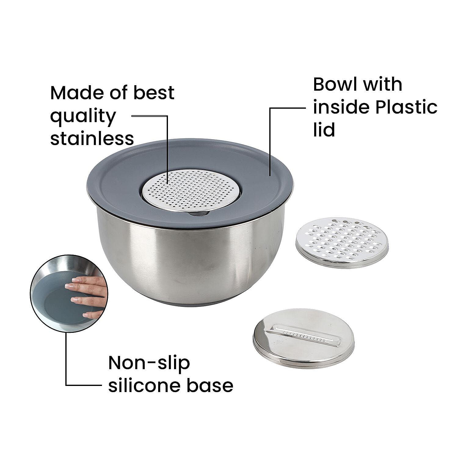 Splash Bowl with Antiskid Base with 3 Graters (Size 20x16 cm) - Silver Splash Bowl with Antiskid Base with 3 Graters (Size 20x16 cm) - Silver