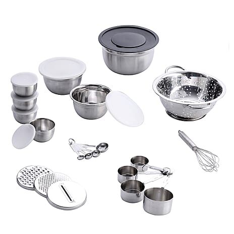 Value Buy - Set of 27 Stainless Steel Kitchen Utensils (Incl. Deep Colander Splash Bowl with 3 Graters Bowl with Lid, Measuring Cup & Spoon, Prep Bowl with Lid & Whisk)