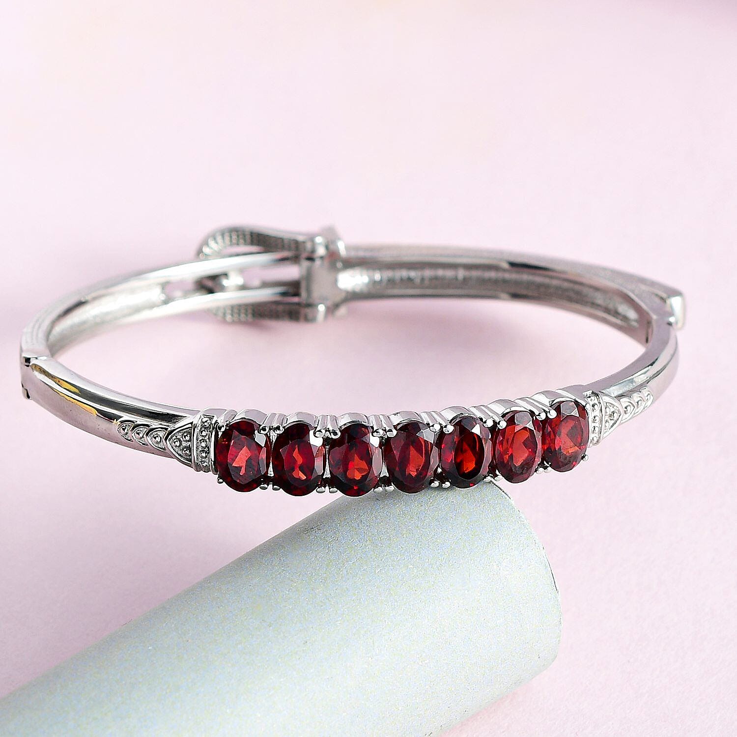 Red Garnet Adjustable Buckle Bangle (Size - 6.5 ) in Stainless Steel 6.67 Ct