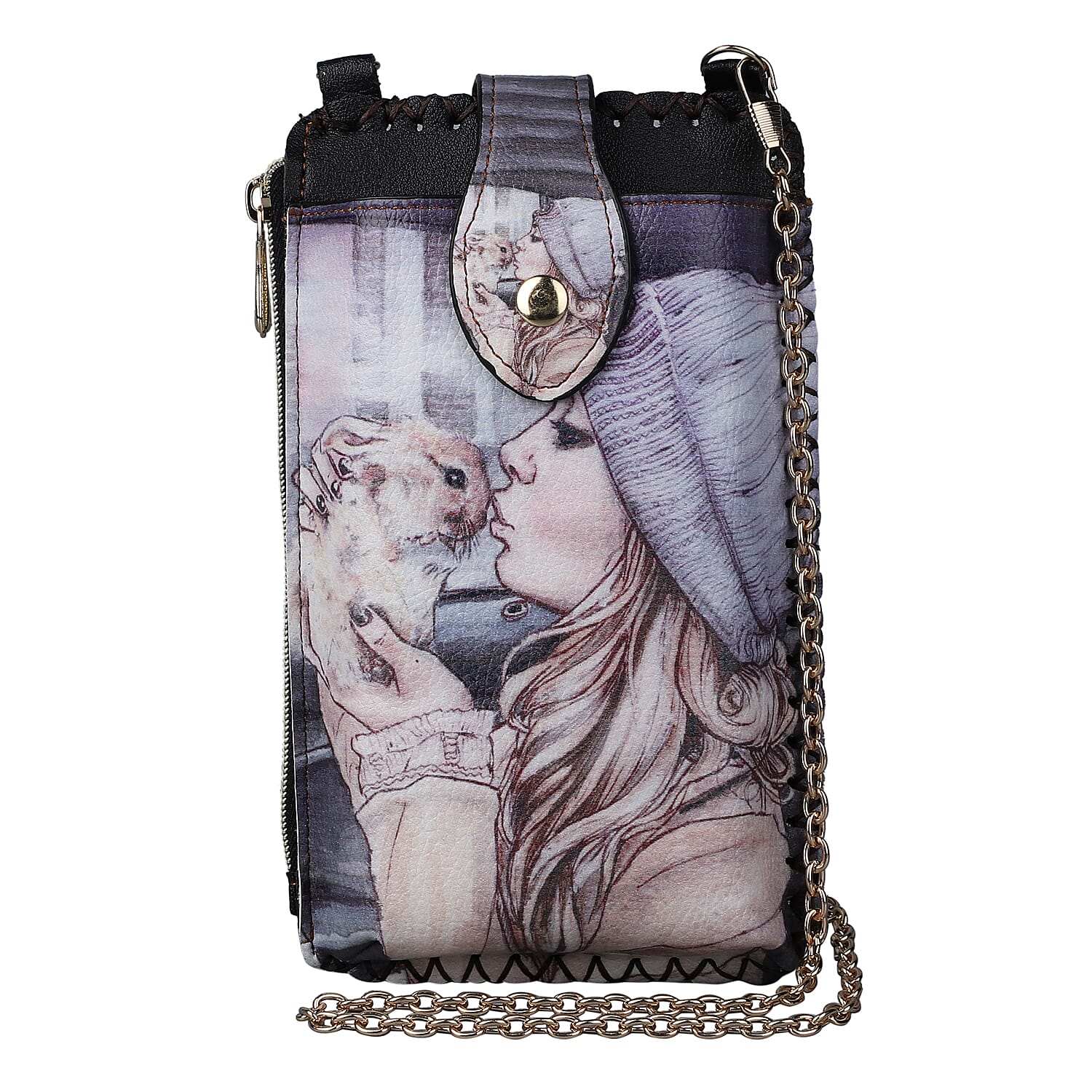 Stylish Girl Pattern Mobile Phone Bag with Chain Shoulder Strap (Size 18x10cm) - Black