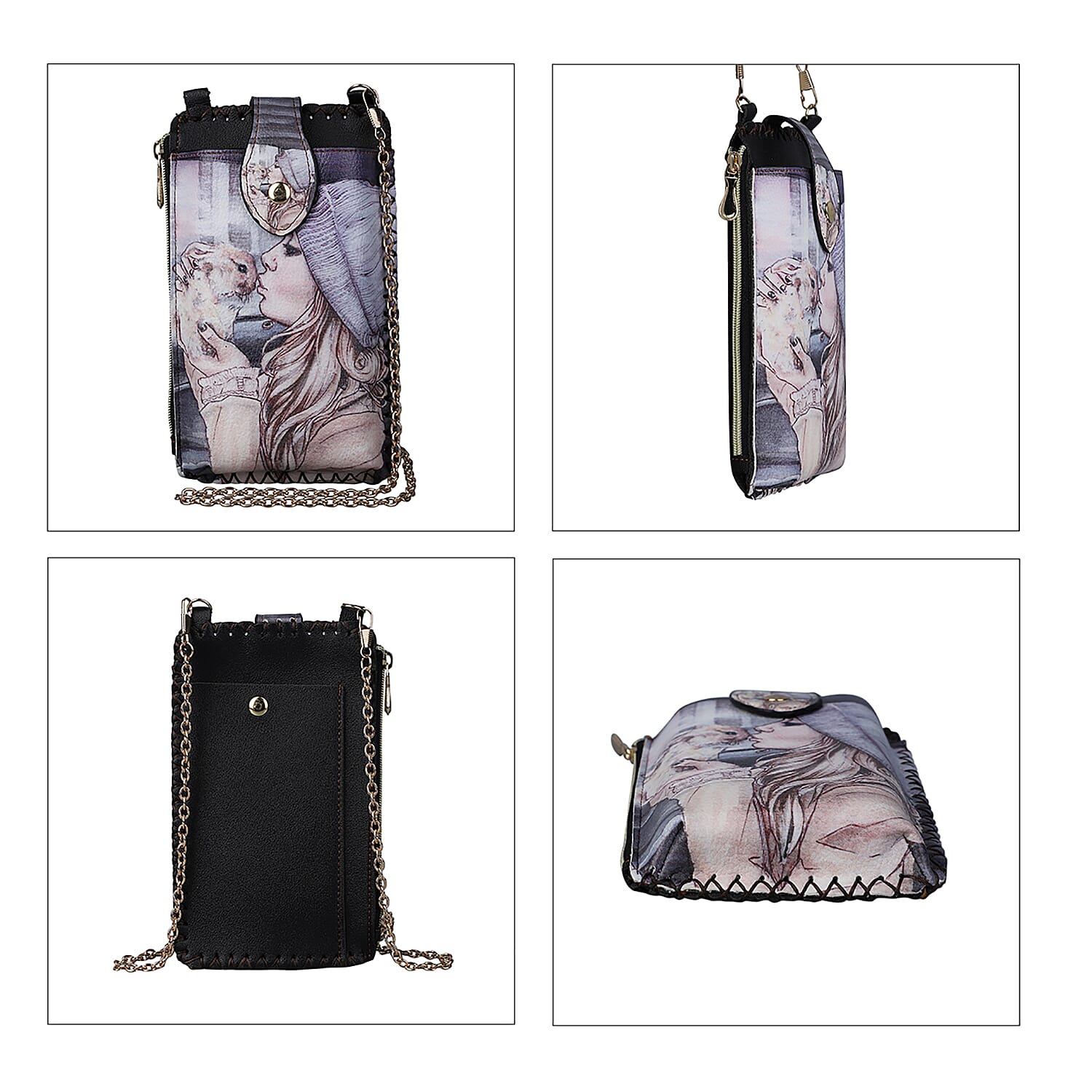 Stylish Girl Pattern Mobile Phone Bag with Chain Shoulder Strap (Size 18x10cm) - Black