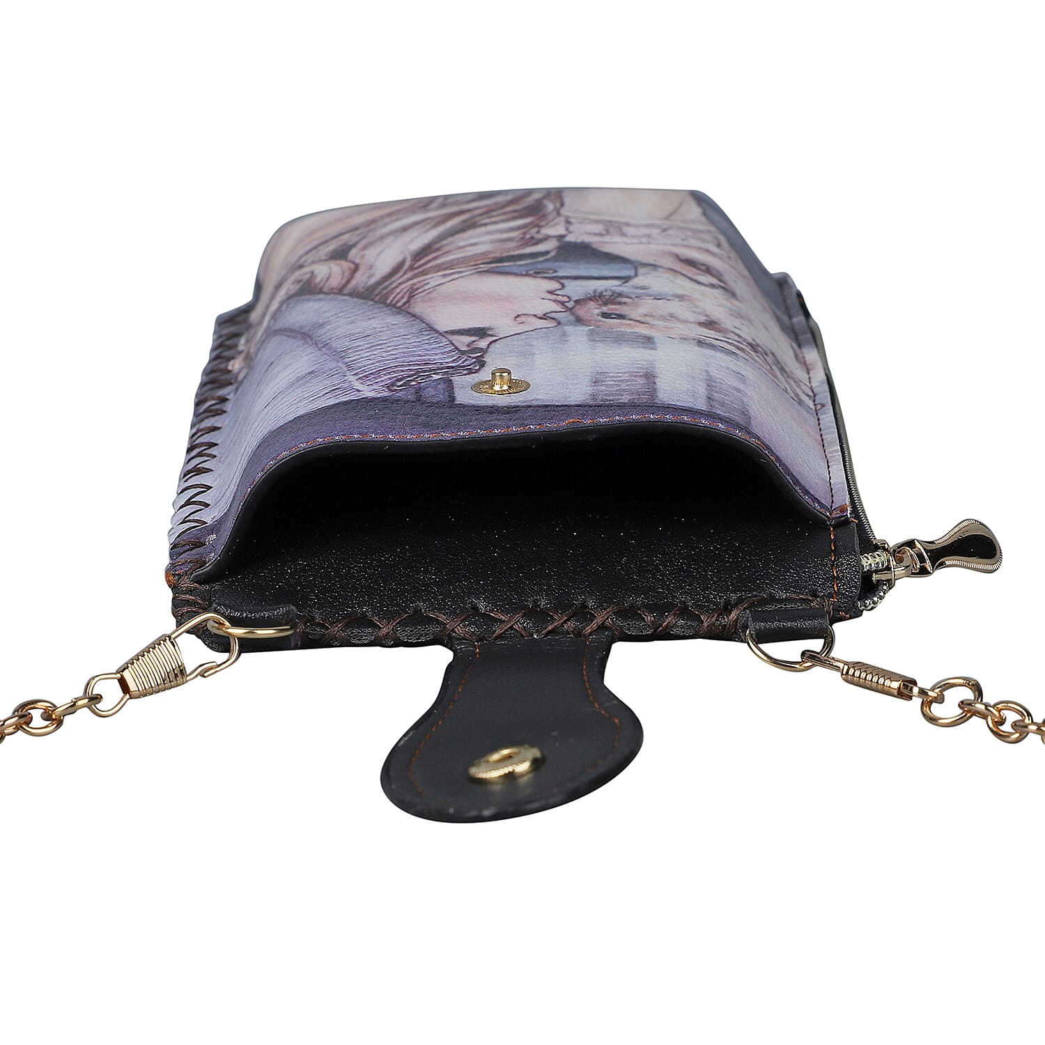 Stylish Girl Pattern Mobile Phone Bag with Chain Shoulder Strap (Size 18x10cm) - Black