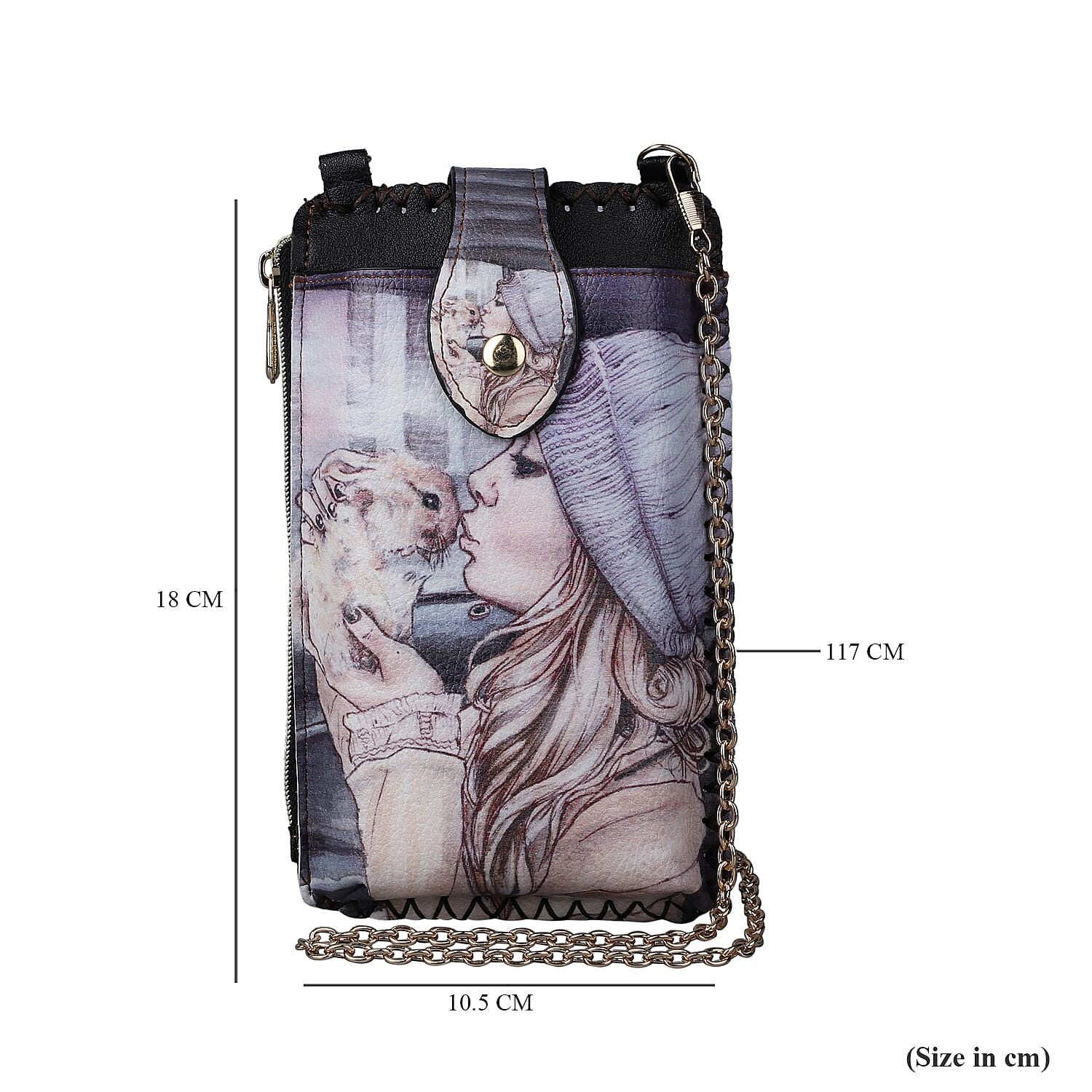Stylish Girl Pattern Mobile Phone Bag with Chain Shoulder Strap (Size 18x10cm) - Black