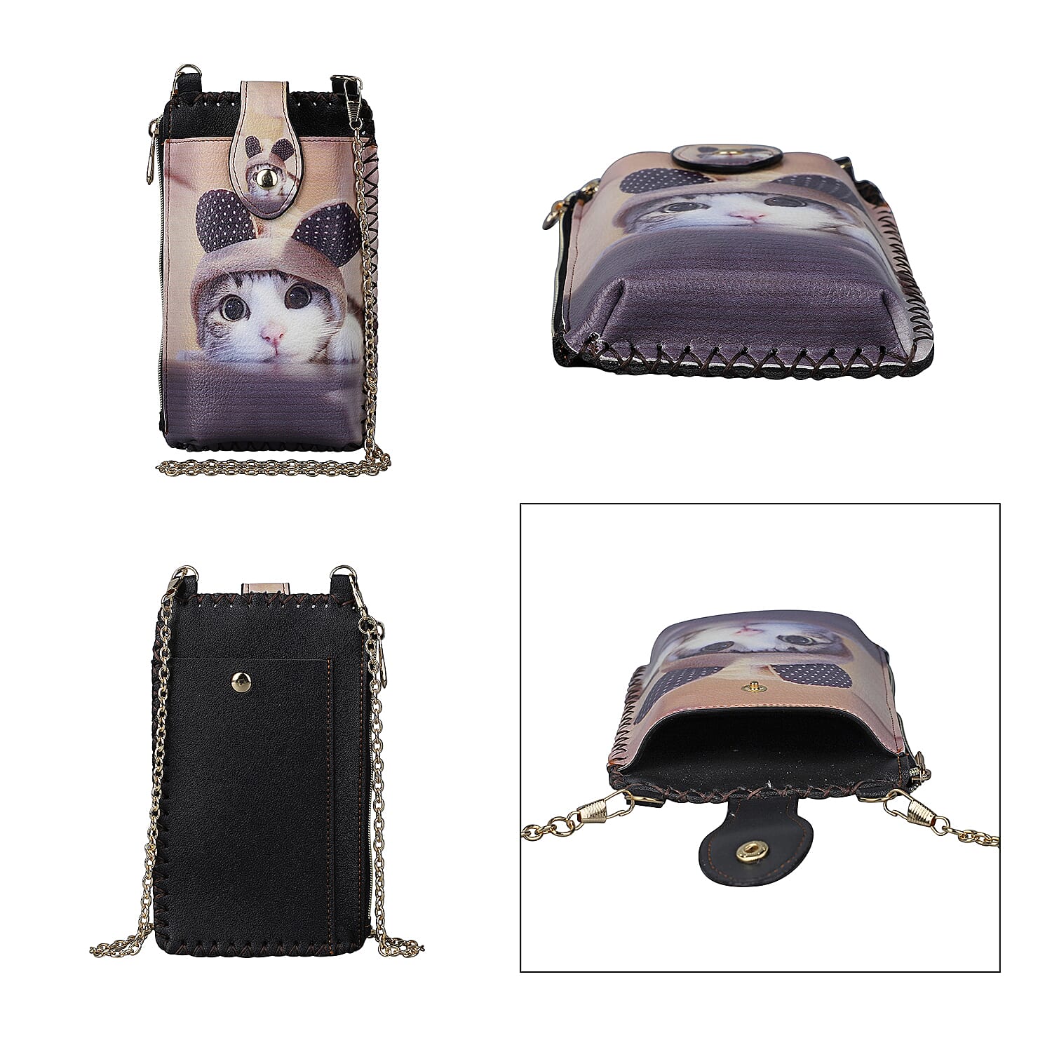 DOD - Stylish Cat Pattern Cell Phone Bag with Chain Shoulder Strap - Yellow