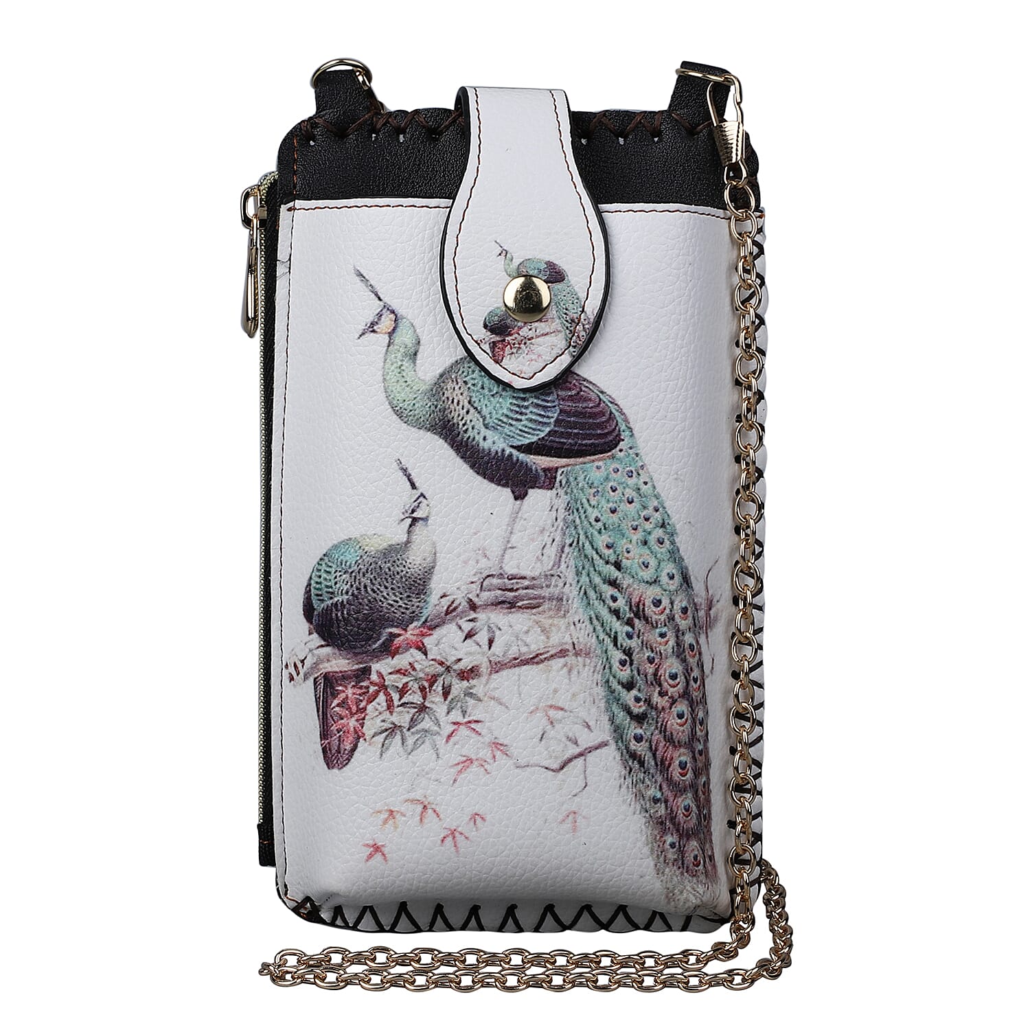 Stylish Peacock Pattern Mobile Phone Bag with Chain Shoulder Strap (Size 18x10cm) - White