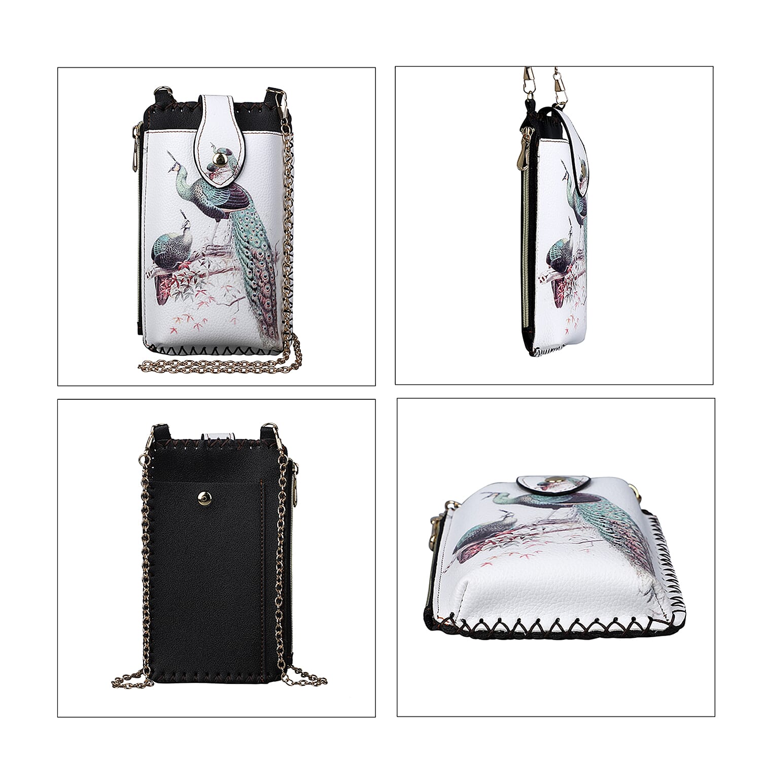 Stylish Peacock Pattern Mobile Phone Bag with Chain Shoulder Strap (Size 18x10cm) - White