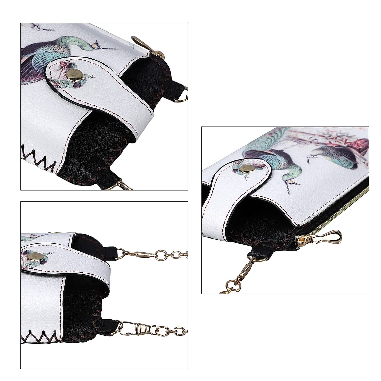 Stylish Peacock Pattern Mobile Phone Bag with Chain Shoulder Strap (Size 18x10cm) - White