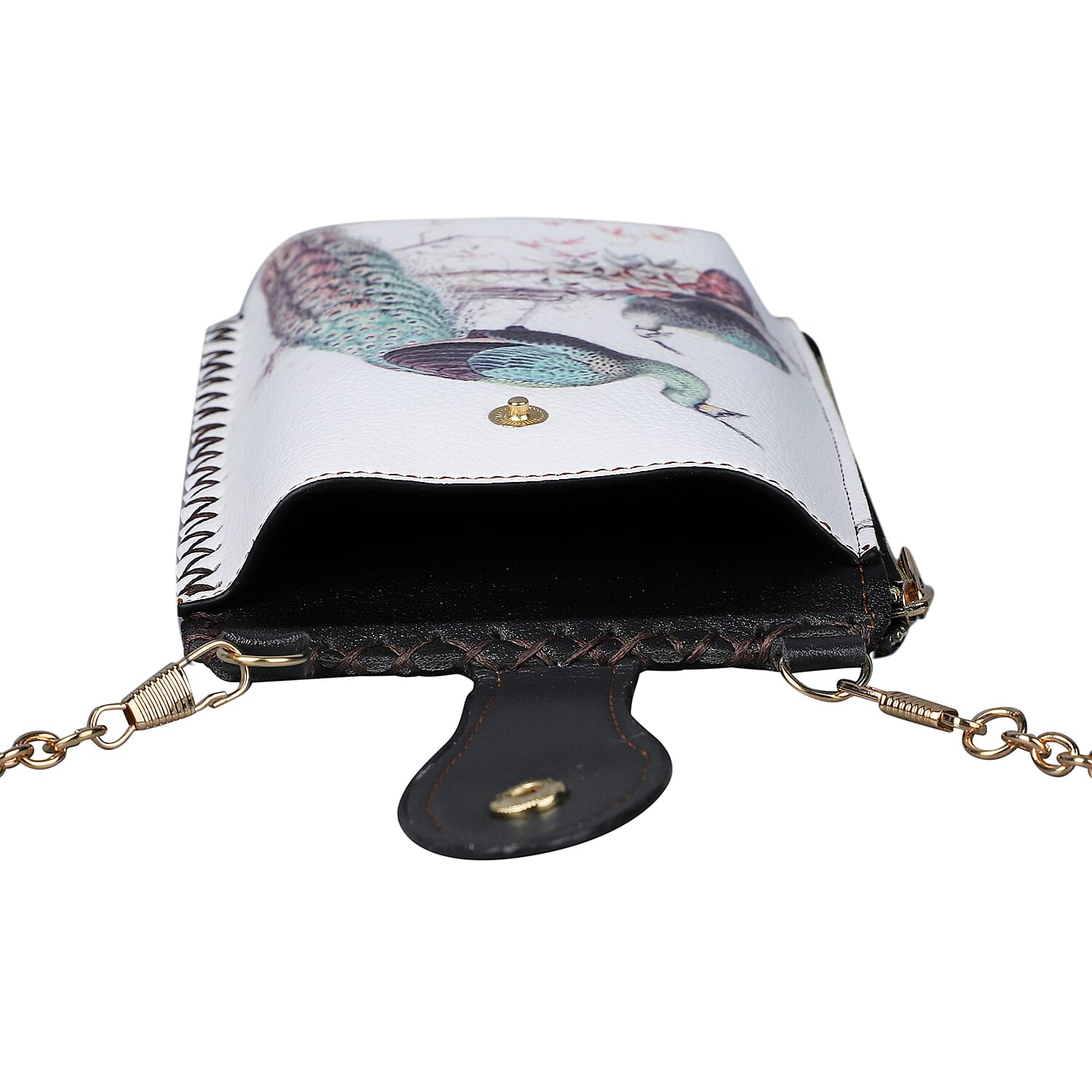 Stylish Peacock Pattern Mobile Phone Bag with Chain Shoulder Strap (Size 18x10cm) - White