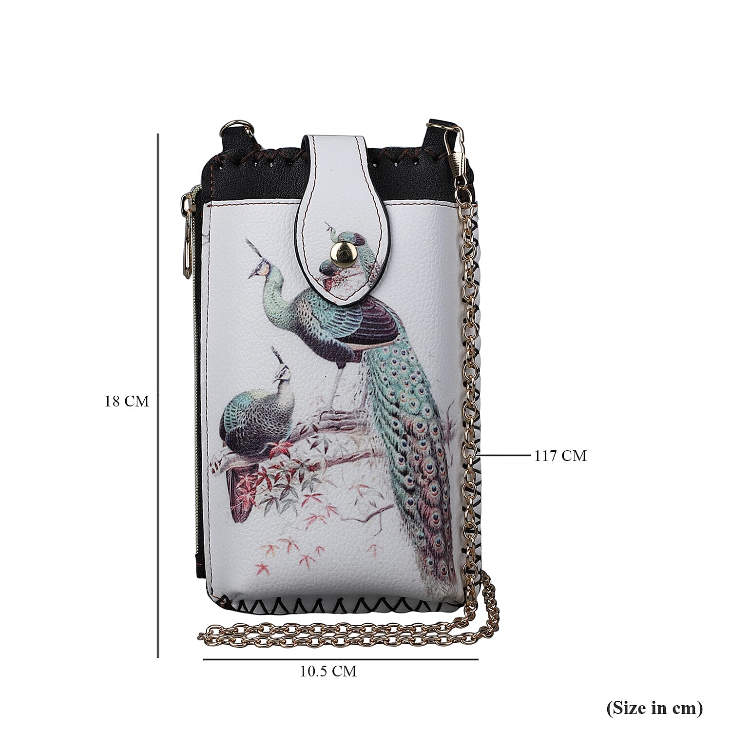 Stylish Peacock Pattern Mobile Phone Bag with Chain Shoulder Strap (Size 18x10cm) - White