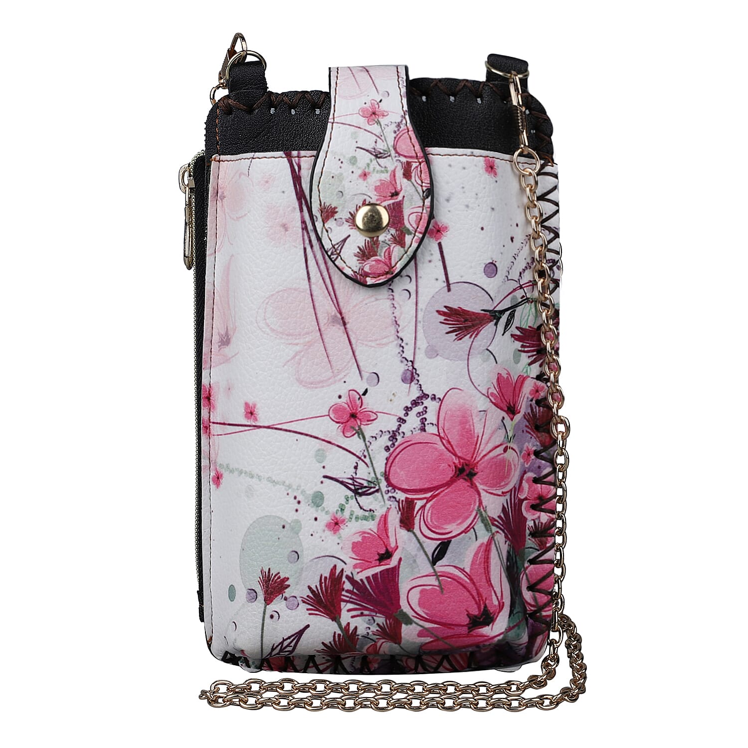 Stylish Flower Pattern Mobile Phone Bag with Chain Shoulder Strap (Size 18x10cm) - White