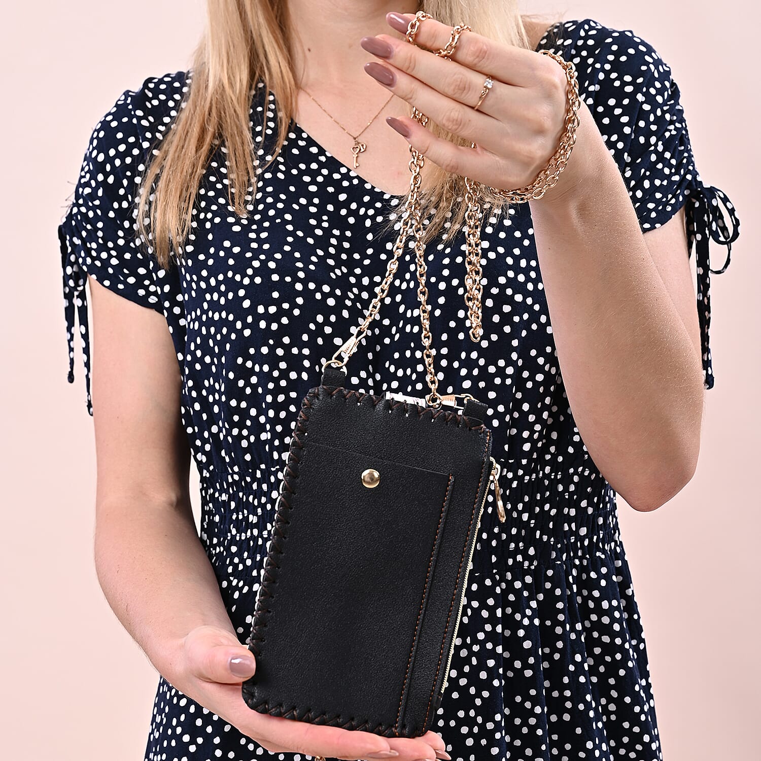 Stylish Flower Pattern Mobile Phone Bag with Chain Shoulder Strap (Size 18x10cm) - White