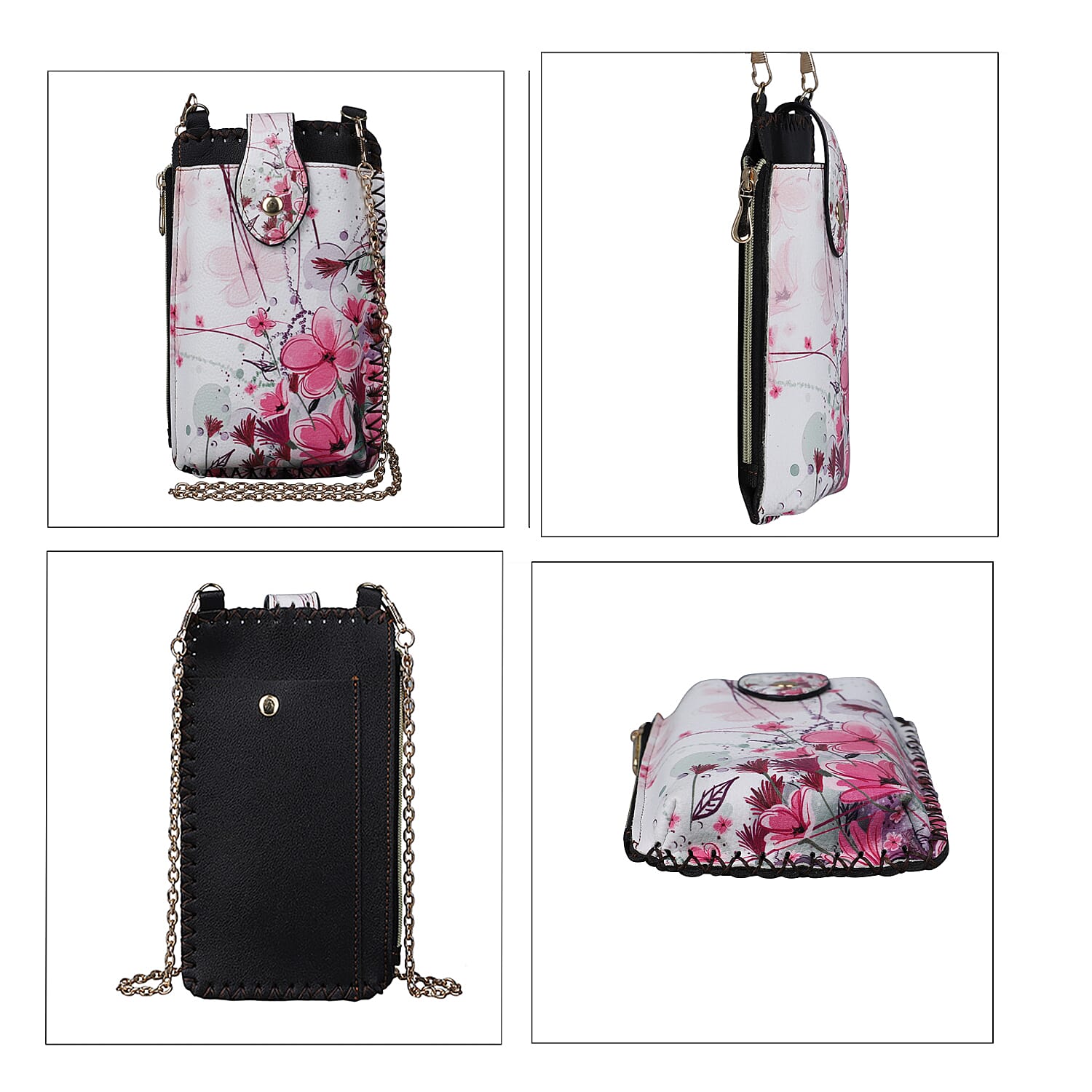 Stylish Flower Pattern Mobile Phone Bag with Chain Shoulder Strap (Size 18x10cm) - White