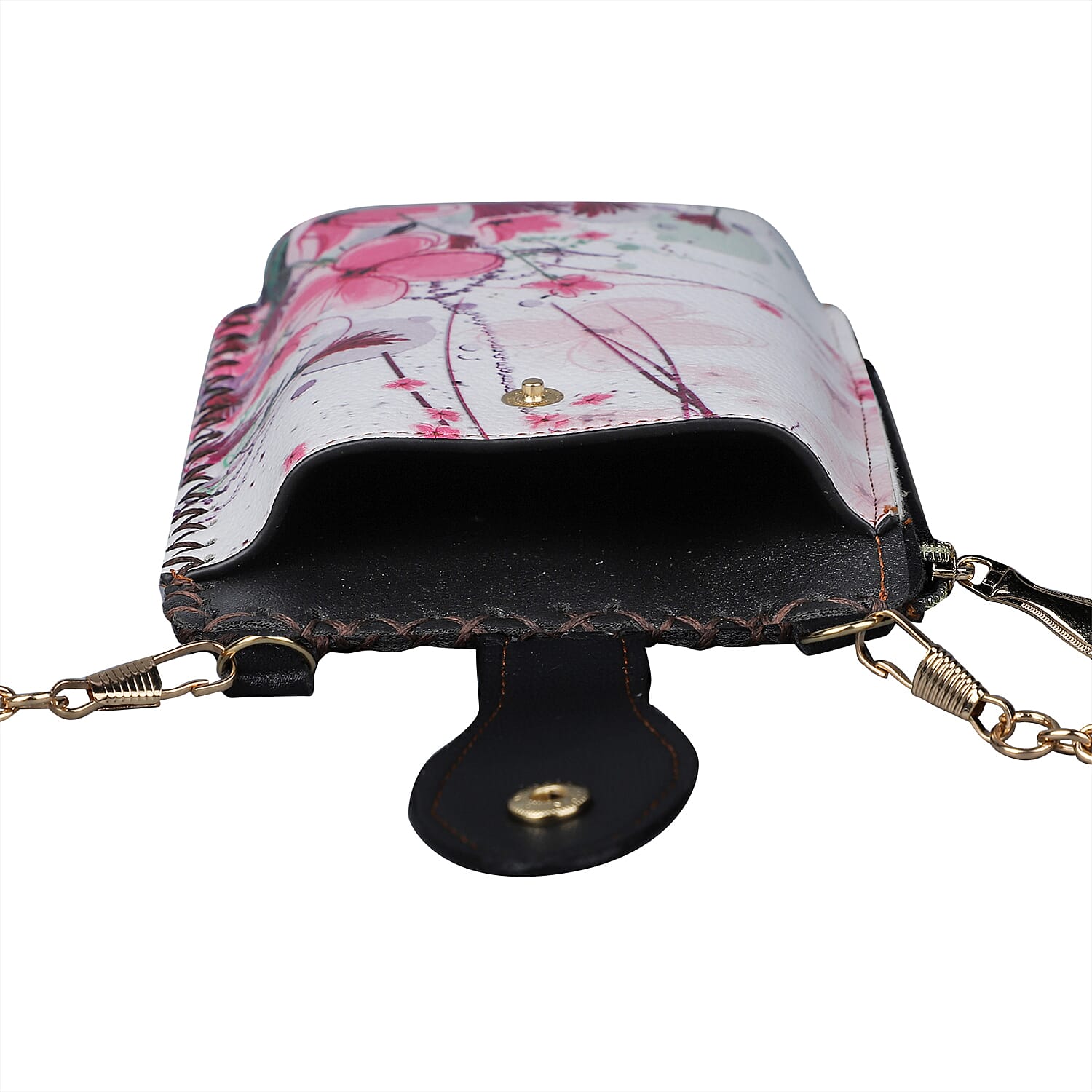 Stylish Flower Pattern Mobile Phone Bag with Chain Shoulder Strap (Size 18x10cm) - White