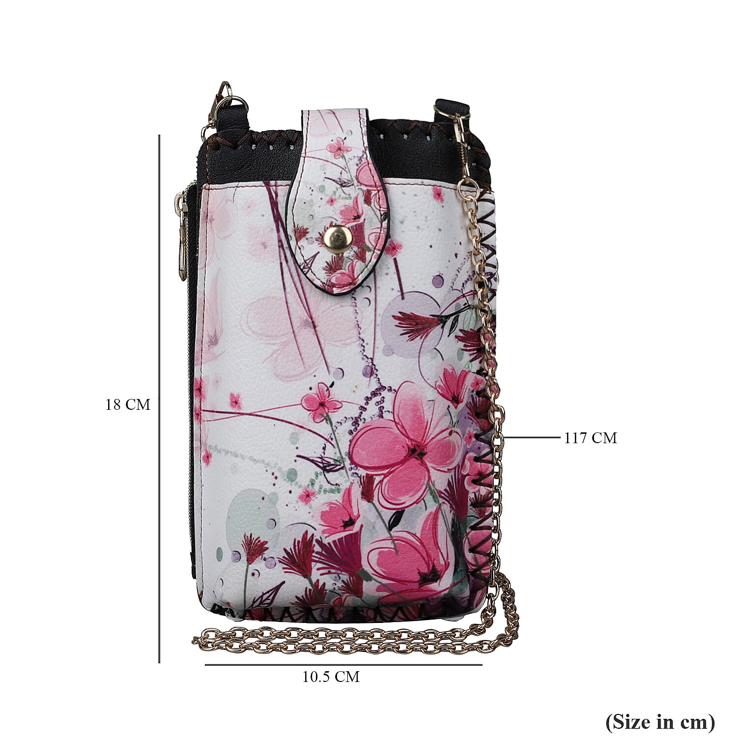 Stylish Flower Pattern Mobile Phone Bag with Chain Shoulder Strap (Size 18x10cm) - White