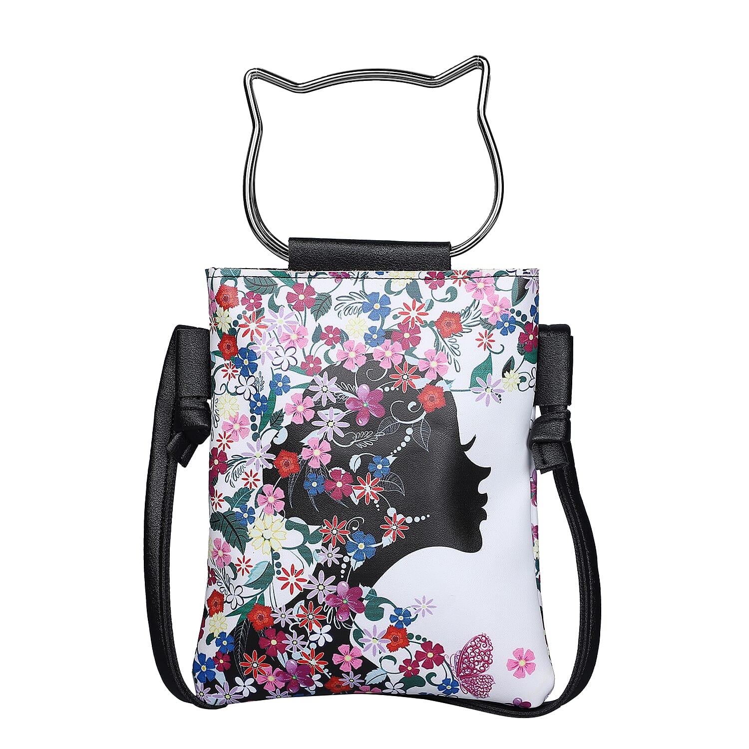 Stylish Flower Fairy Pattern Crossbody Bag with Cat-Shaped Handle Drop - Multi