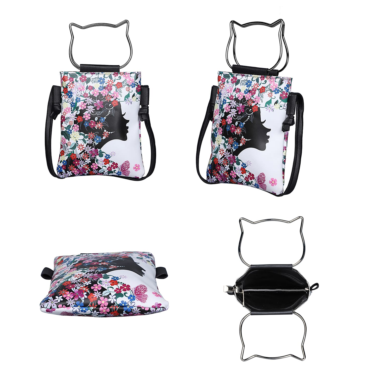 Stylish Flower Fairy Pattern Crossbody Bag with Cat-Shaped Handle Drop - Multi