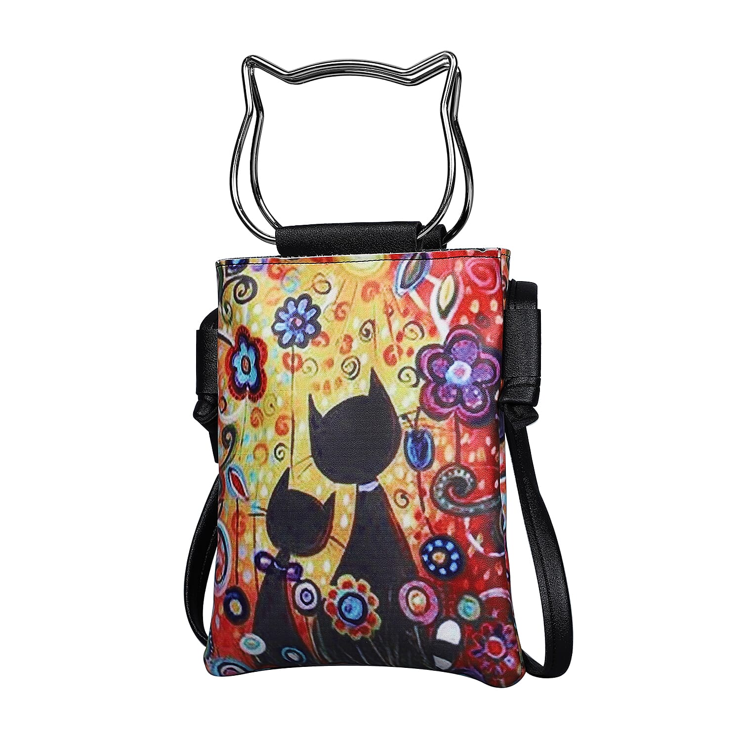 Stylish Cats Pattern Crossbody Bag with Cat-Shaped Handle Drop - Yellow