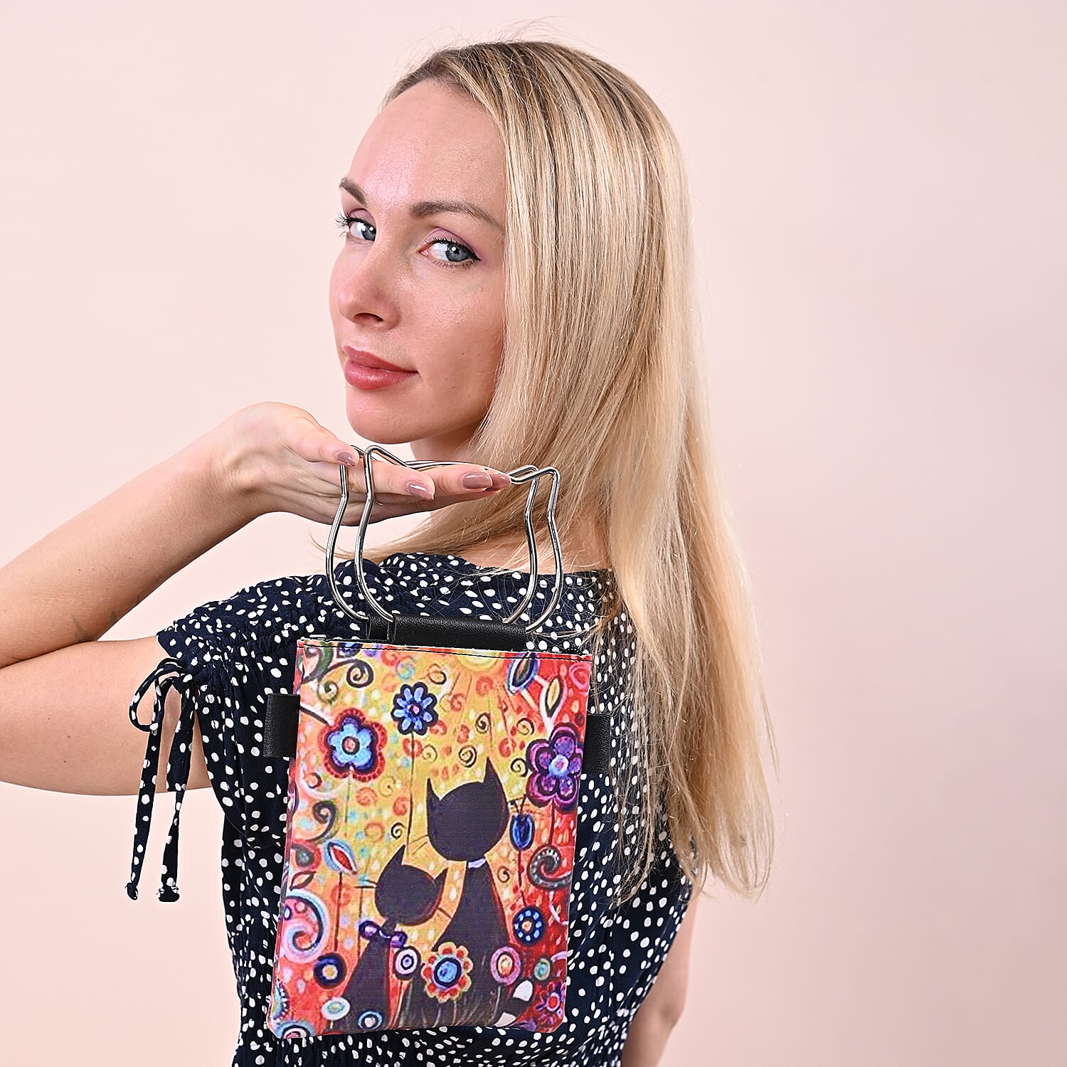 Stylish Cats Pattern Crossbody Bag with Cat-Shaped Handle Drop - Yellow