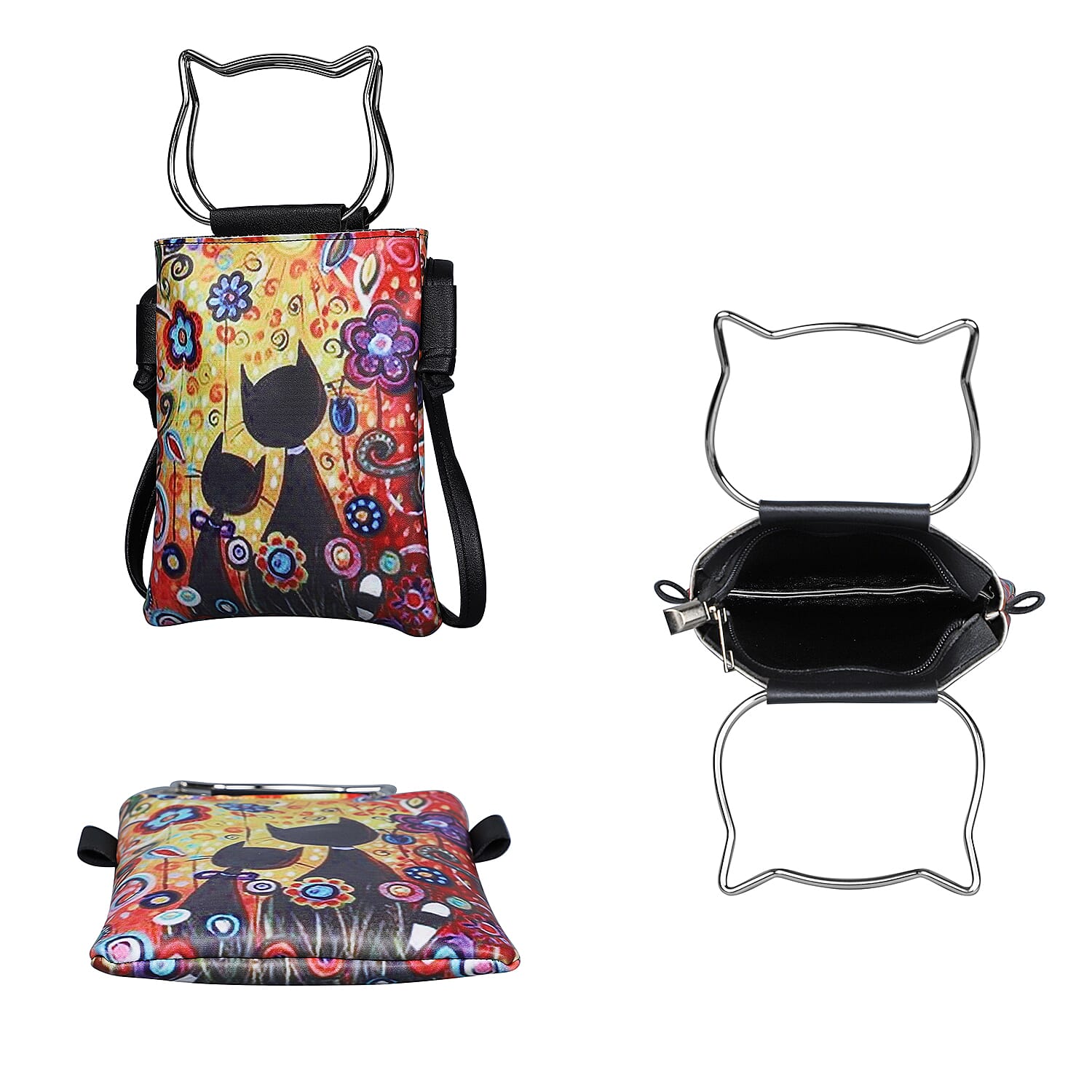 Stylish Cats Pattern Crossbody Bag with Cat-Shaped Handle Drop - Yellow