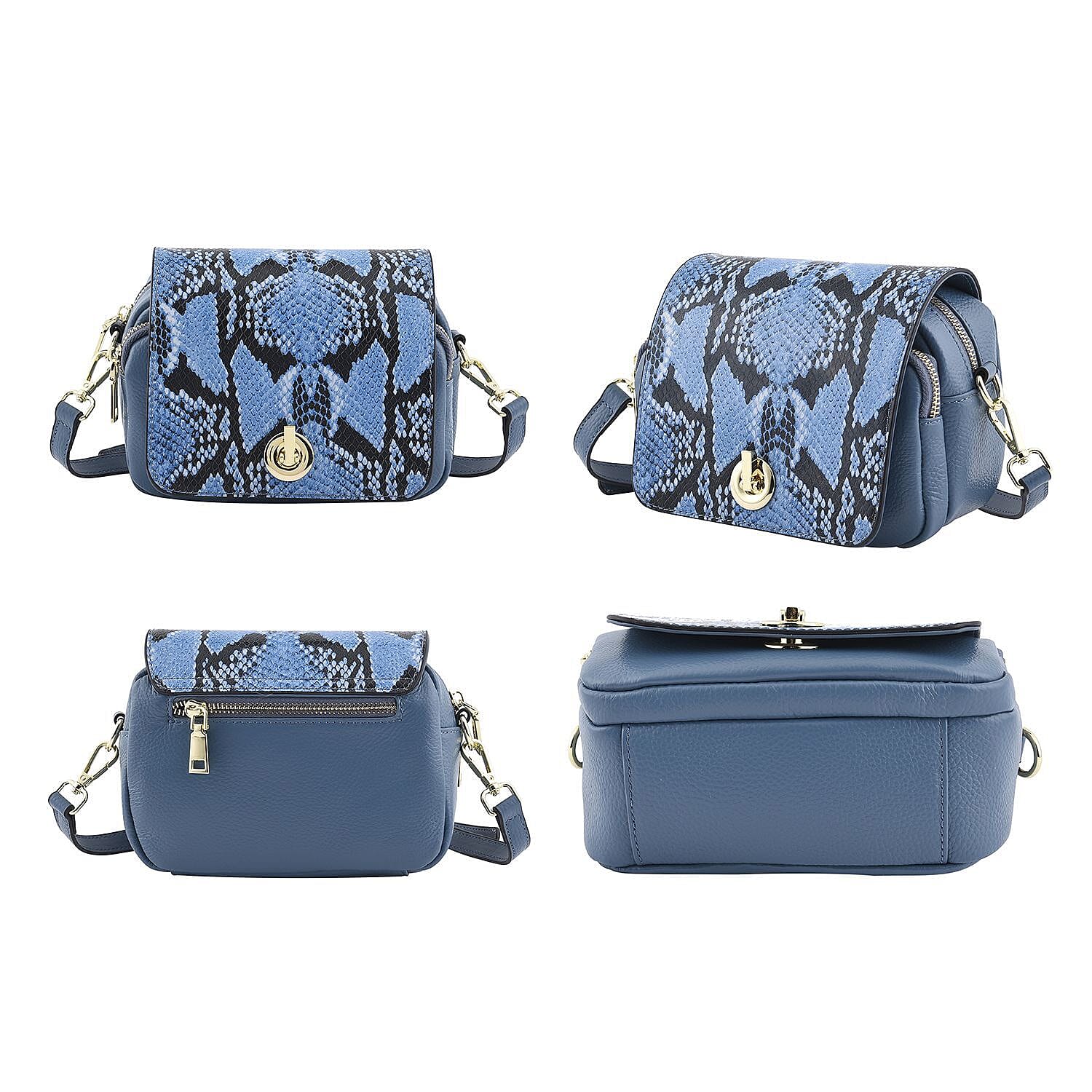 Sencilez Of Barcelona 100% Genuine Leather Snake Pattern Handbag with Shoulder Strap - Blue