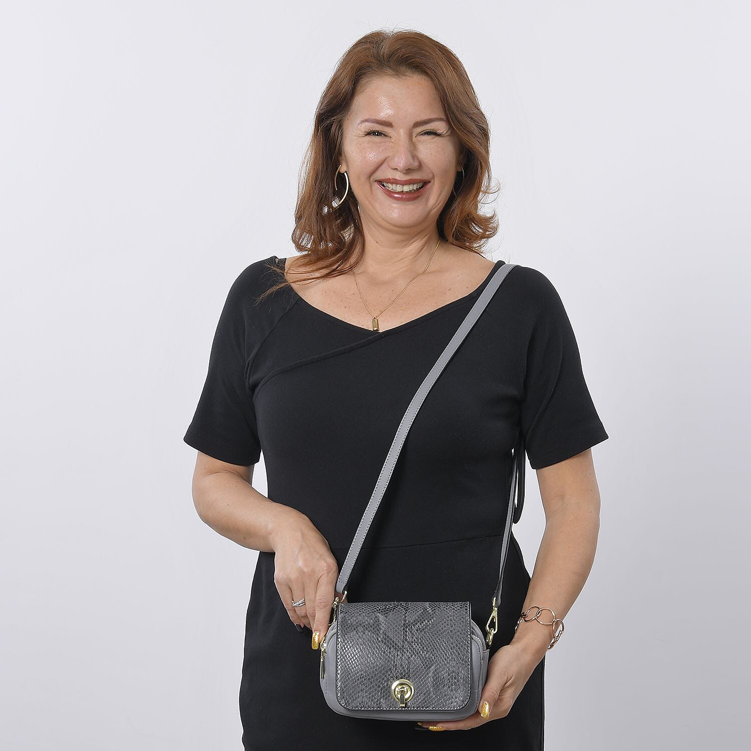 Sencilez Of Barcelona 100% Genuine Leather Snake Pattern Handbag with Shoulder Strap - Grey