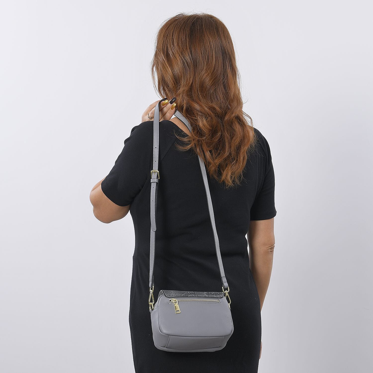 Sencilez Of Barcelona 100% Genuine Leather Snake Pattern Handbag with Shoulder Strap - Grey