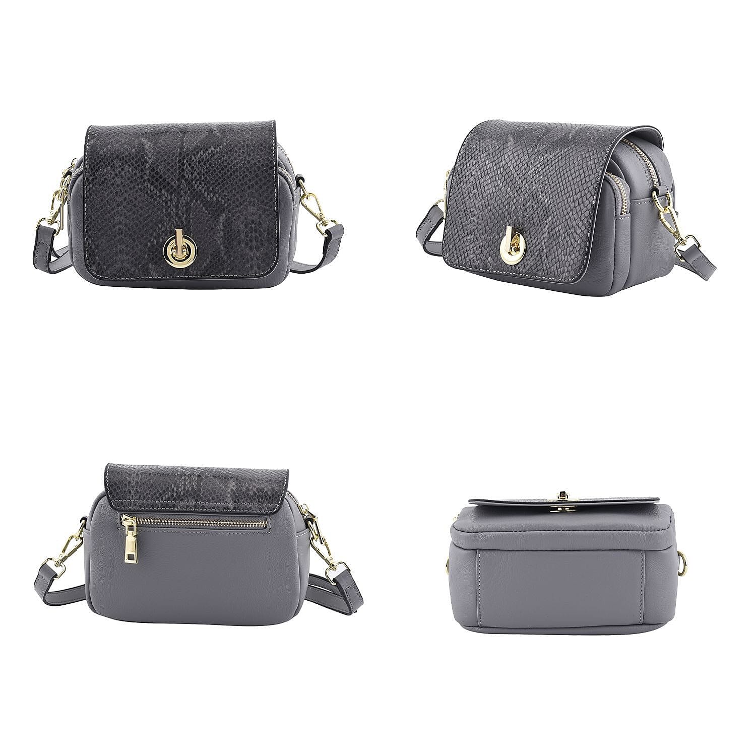 Sencilez Of Barcelona 100% Genuine Leather Snake Pattern Handbag with Shoulder Strap - Grey