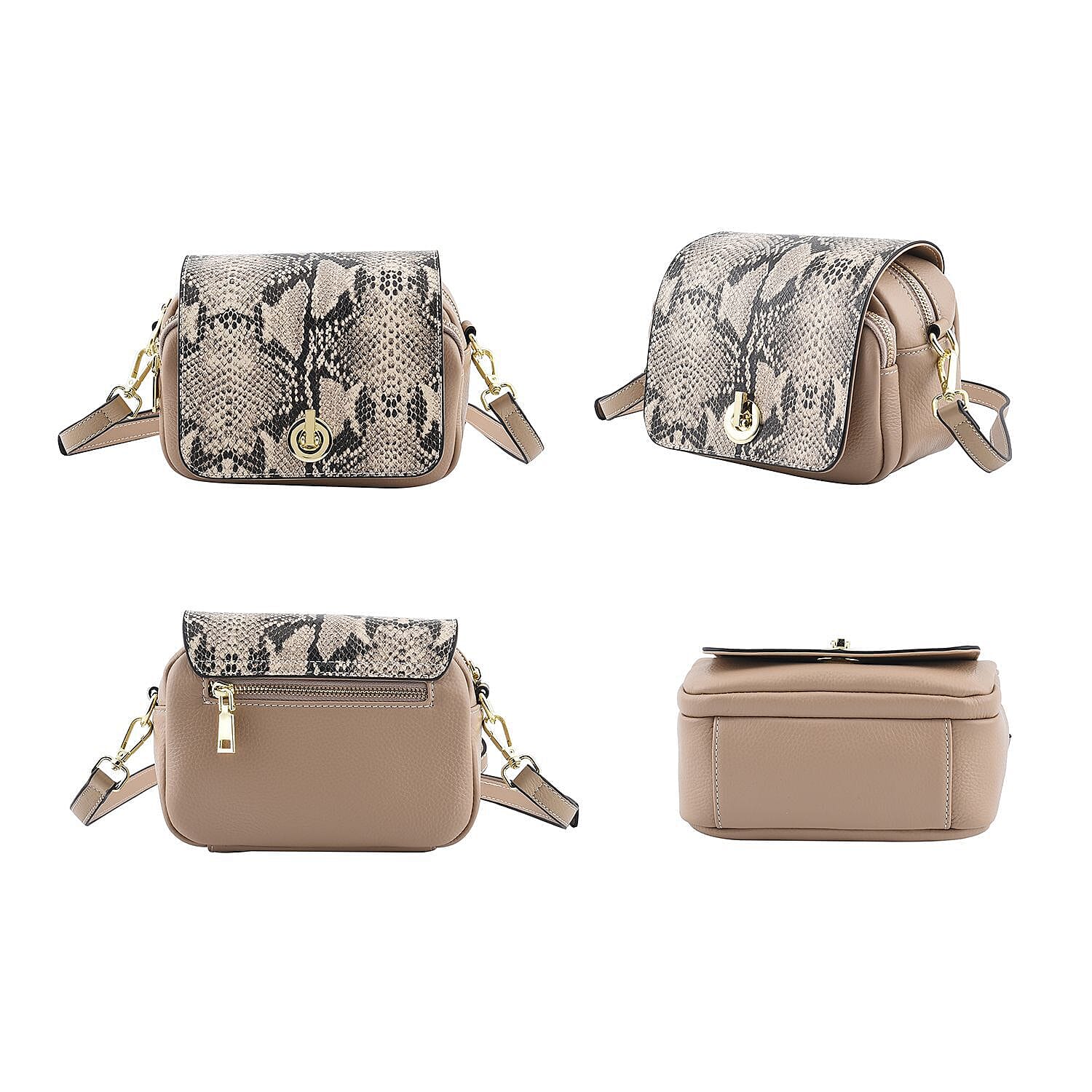 Sencilez Of Barcelona 100% Genuine Leather Snake Pattern Handbag with Shoulder Strap - Beige, Black & Off-White