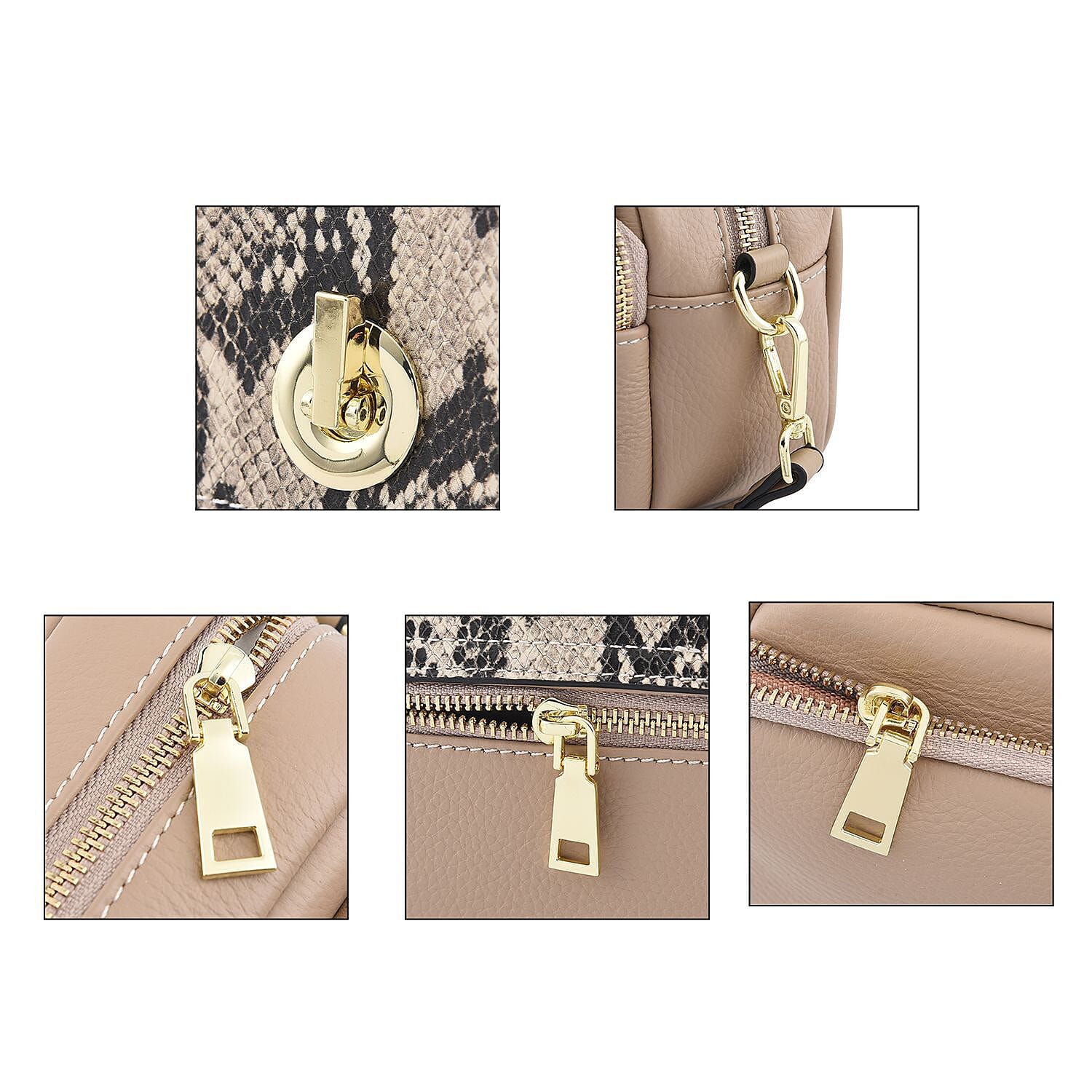 Sencilez Of Barcelona 100% Genuine Leather Snake Pattern Handbag with Shoulder Strap - Beige, Black & Off-White