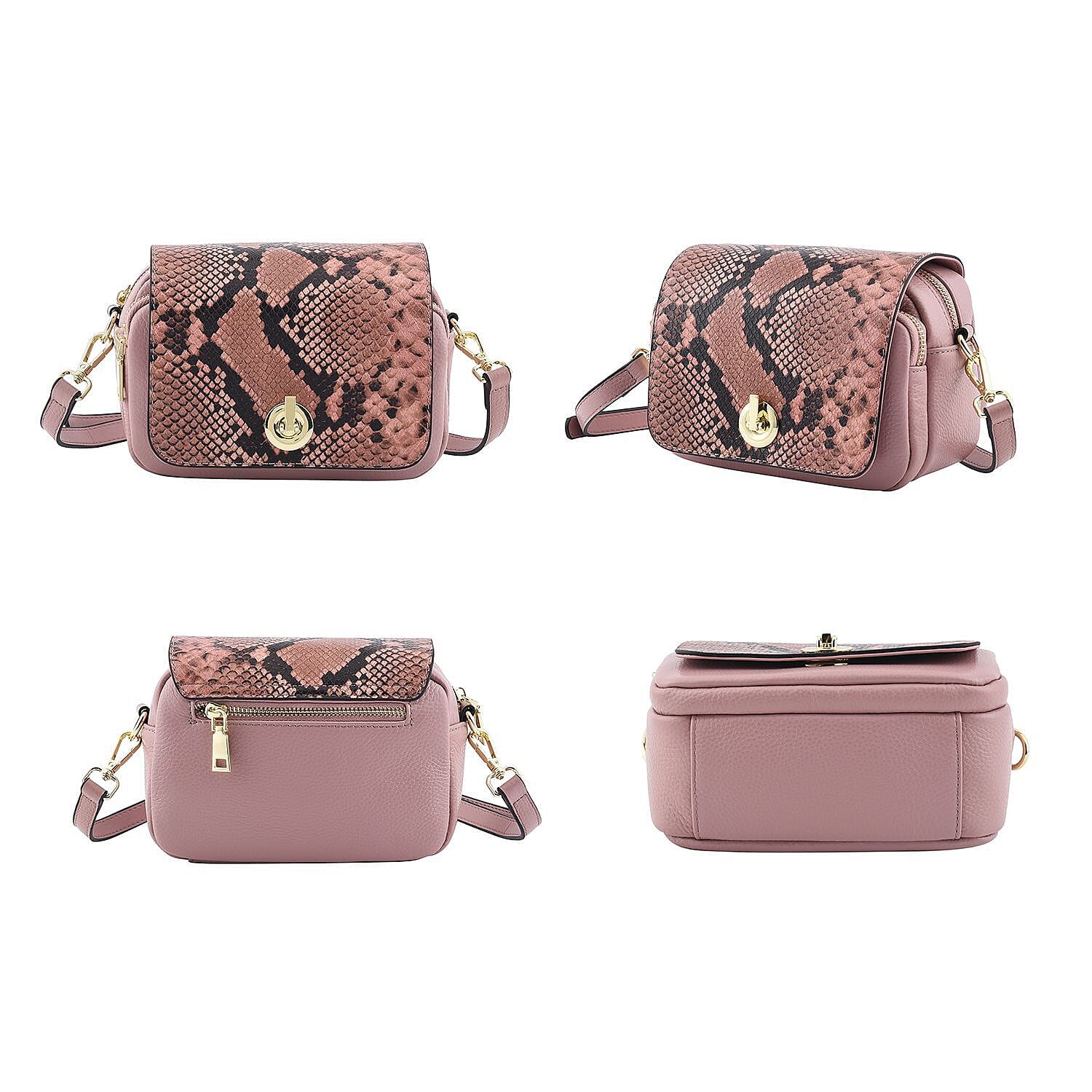 Sencilez Of Barcelona 100% Genuine Leather Snake Pattern Handbag with Shoulder Strap - Pink