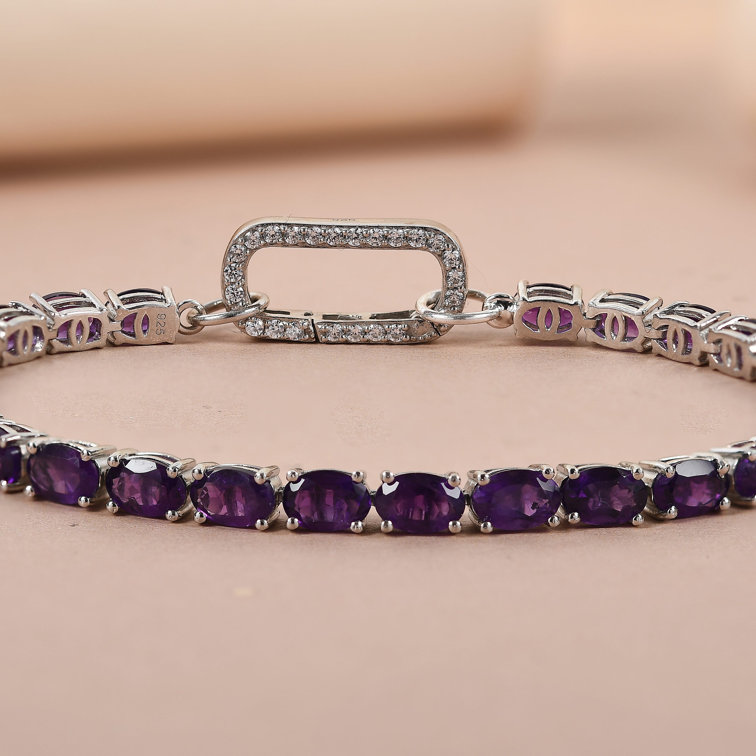 Amethyst and Simulated Diamond Bracelet (Size - 7.25) in Platinum Overlay Sterling Silver 11.90 Ct, Silver Wt. 9.40 Gms