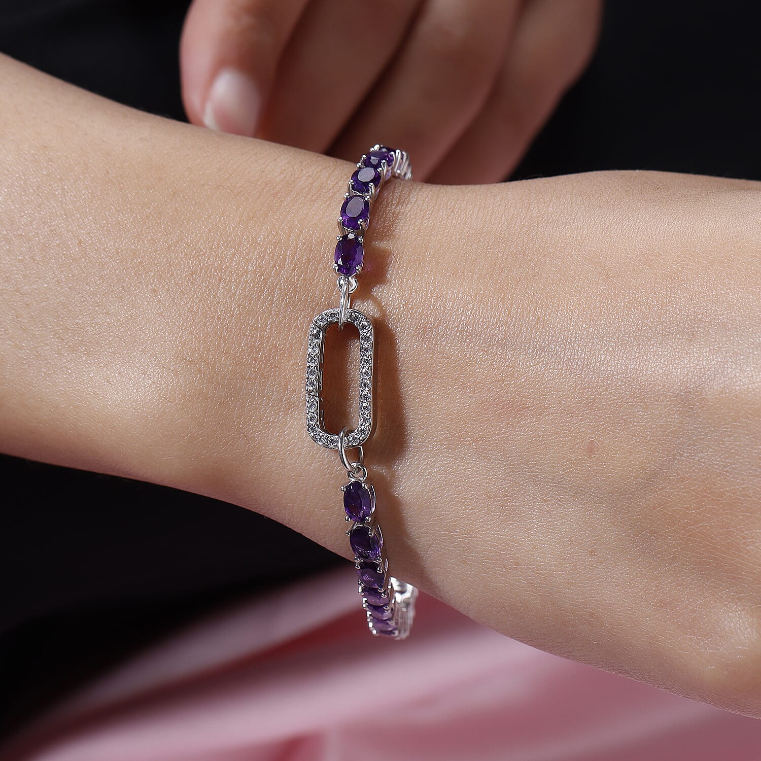 Amethyst and Simulated Diamond Bracelet (Size - 7.25) in Platinum Overlay Sterling Silver 11.90 Ct, Silver Wt. 9.40 Gms