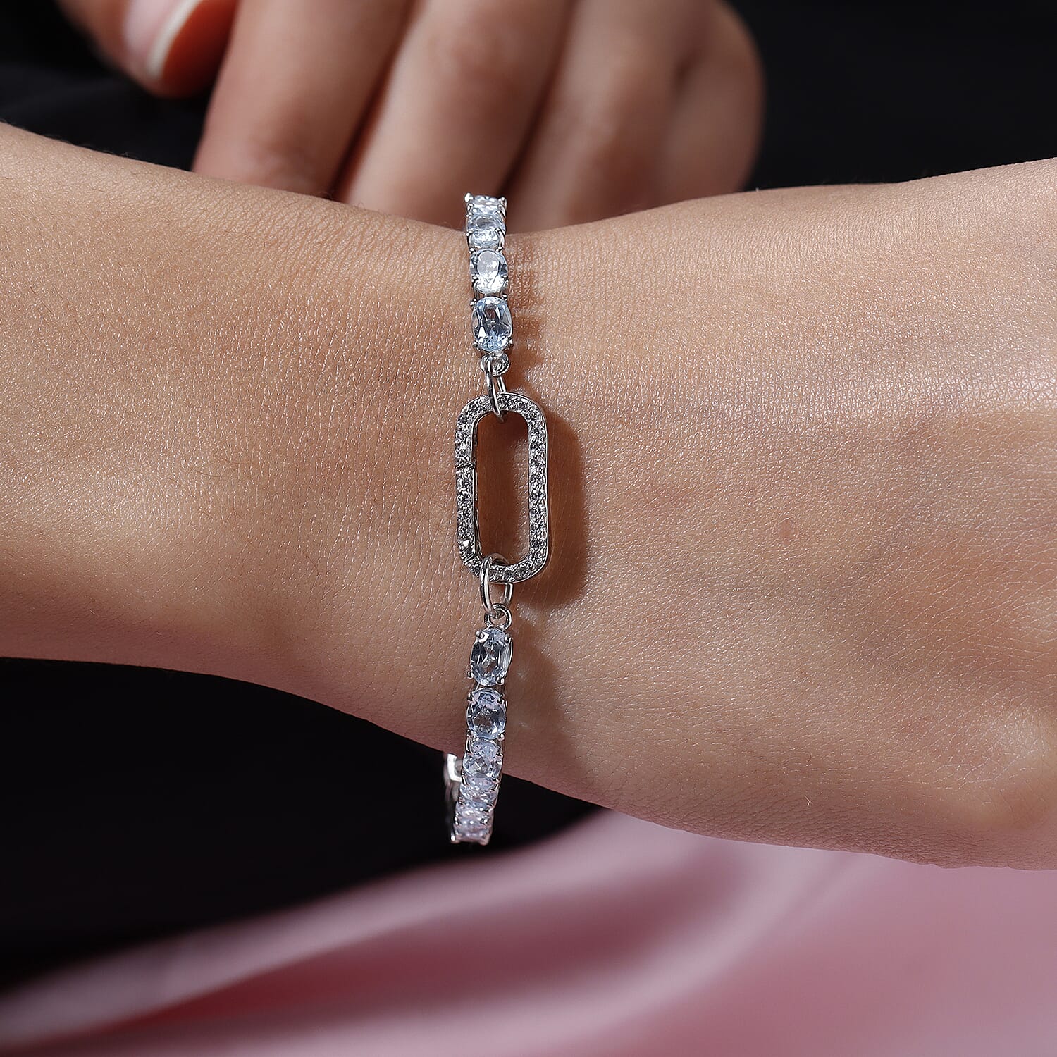 Skyblue Topaz and Simulated Diamond Bracelet (Size - 7.25) in Platinum Overlay Sterling Silver, Silver Wt. 8.82 Gms