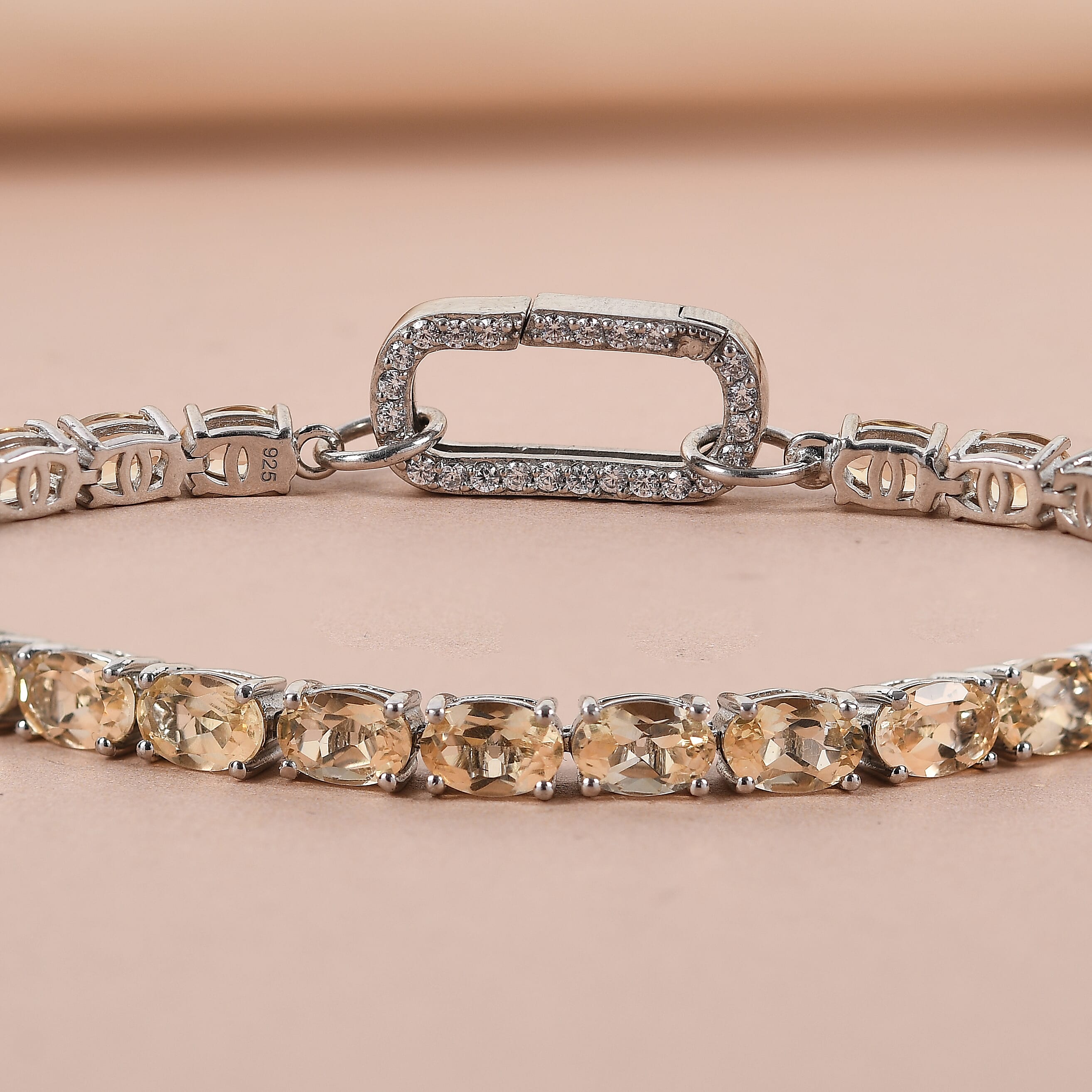 Citrine and Simulated Diamond Bracelet (Size - 7.25) in Platinum Overlay Sterling Silver, Silver Wt. 8.90 Gms