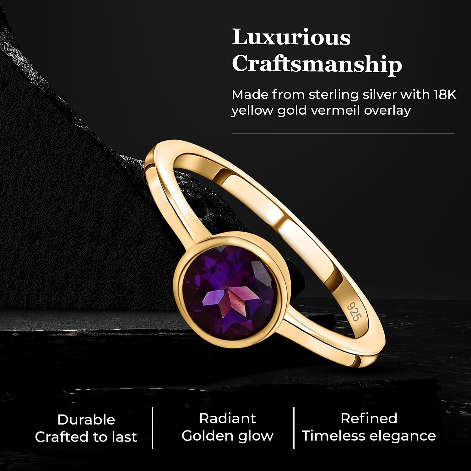 Solitaire Ring in 18K Yellow Gold Vermeil Overlay Sterling Silver